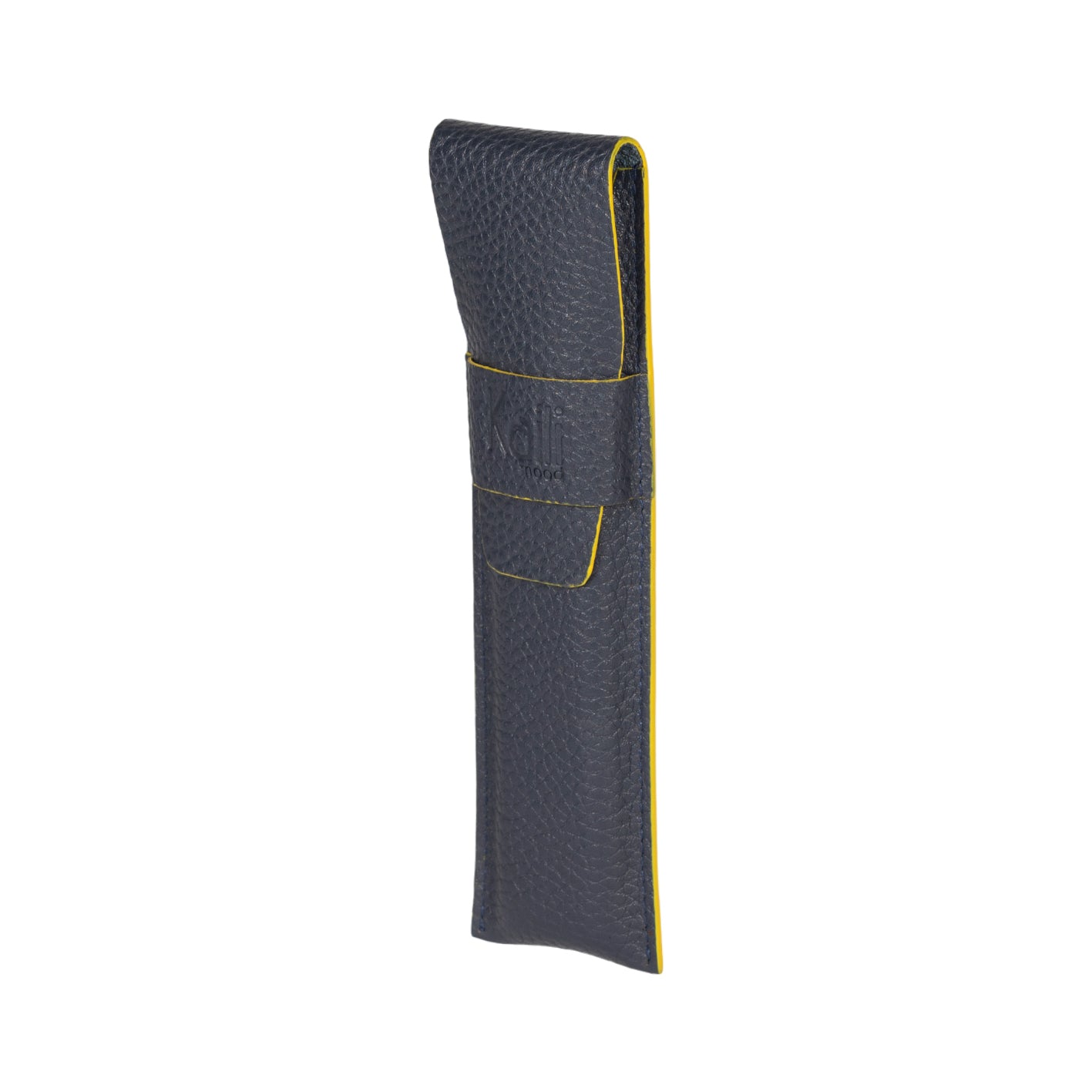 K0028DB | Custodia per Penne in Vera Pelle pieno fiore, grana dollaro - Colore Blu con bordi Gialli - Dimensioni: cm 4,5 x 16,5 x 1 - Confezione: Scatola regalo fondo/coperchio