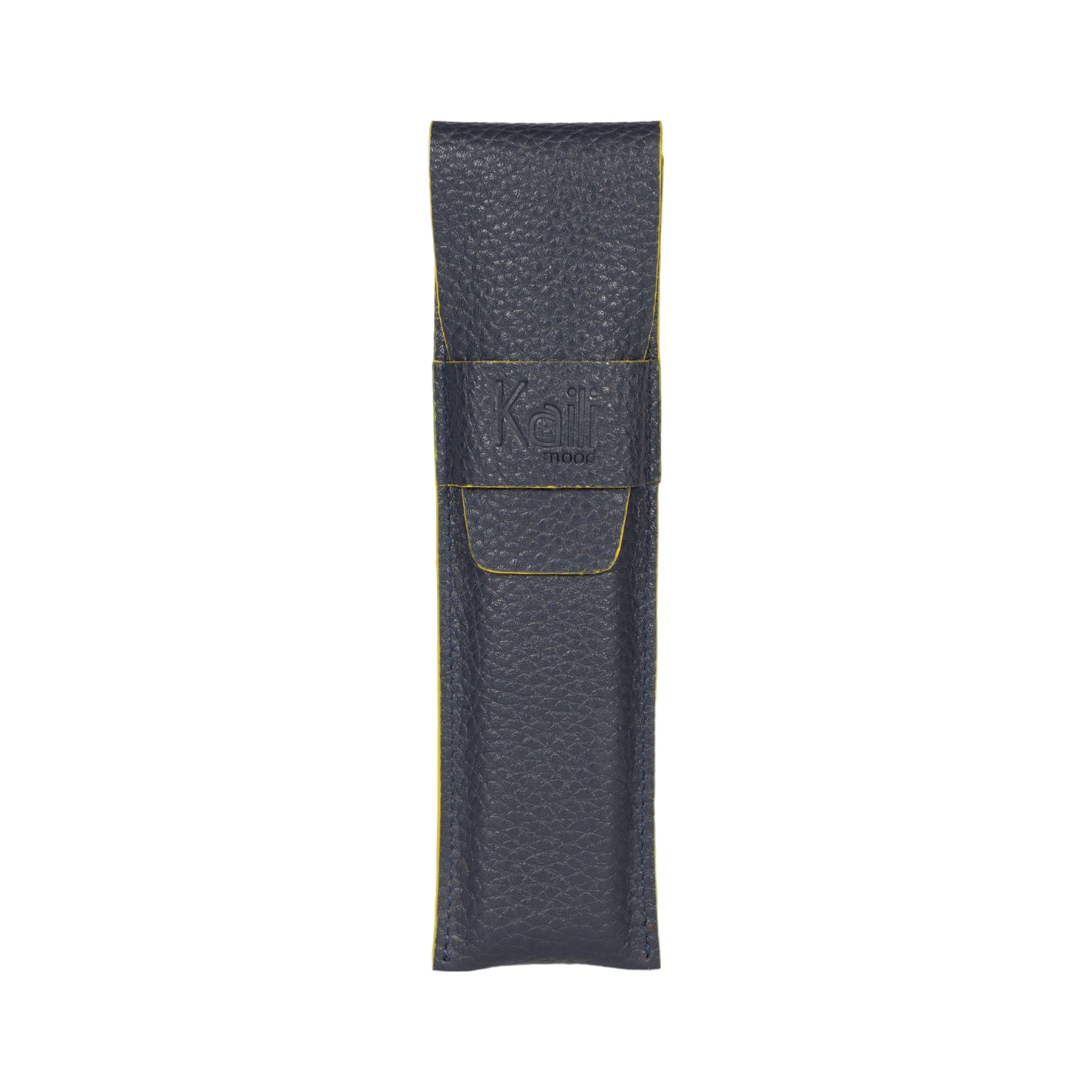 K0028DB | Custodia per Penne in Vera Pelle pieno fiore, grana dollaro - Colore Blu con bordi Gialli - Dimensioni: cm 4,5 x 16,5 x 1 - Confezione: Scatola regalo fondo/coperchio