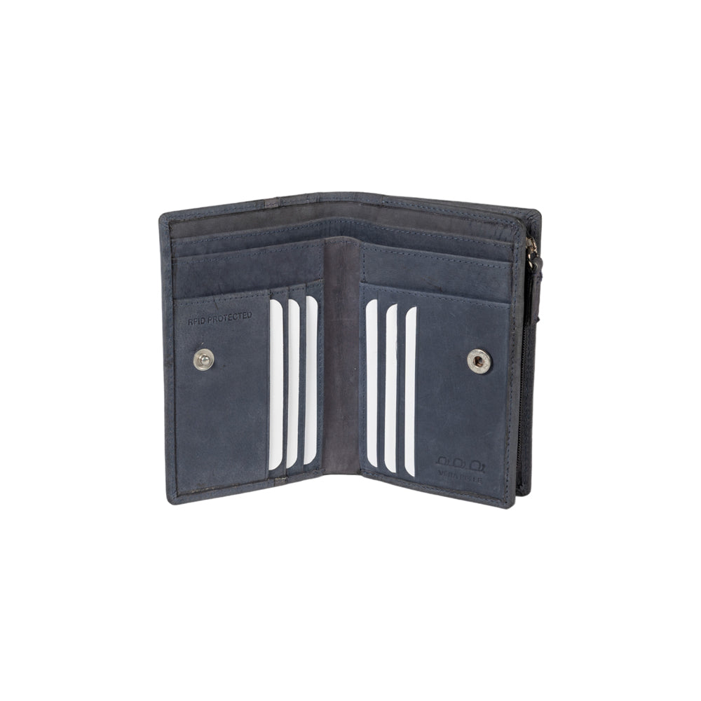 K12234DF | Portafogli Donna in Vera Pelle pieno fiore, Naked. Colore Blu. Protezione RFID. Dimensioni da chiuso: cm 9,5 x 14 x 3. Confezione: Scatola regalo fondo/coperchio