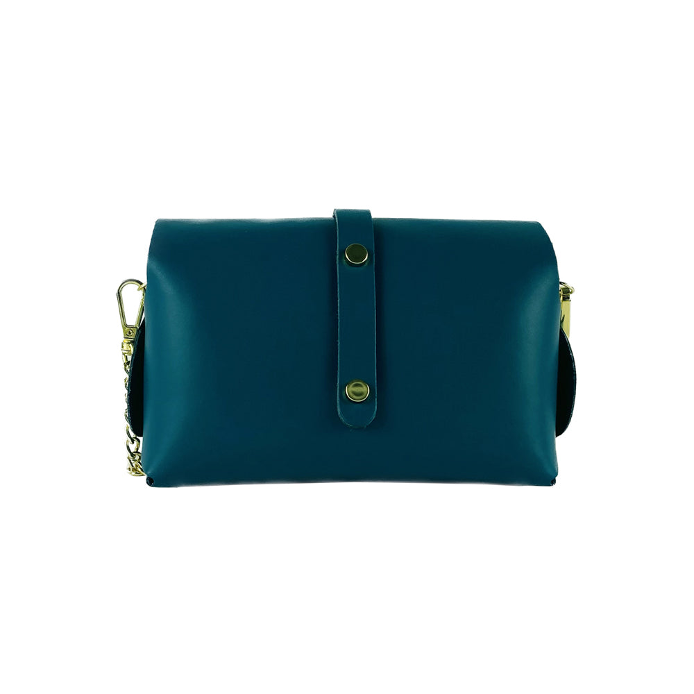 RB1001BZ | Borsa Piccola in Vera Pelle Made in Italy con Tracollina removibile e passante di chiusura in metallo Oro Lucido - Colore Ottanio - Dimensioni: cm 16,5 x 11 x 8