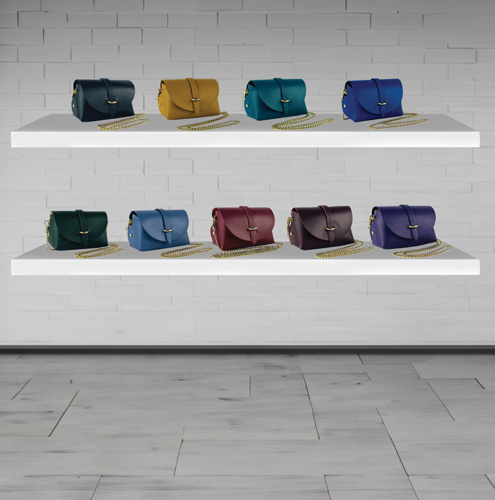 RB1001BZ | Borsa Piccola in Vera Pelle Made in Italy con Tracollina removibile e passante di chiusura in metallo Oro Lucido - Colore Ottanio - Dimensioni: cm 16,5 x 11 x 8
