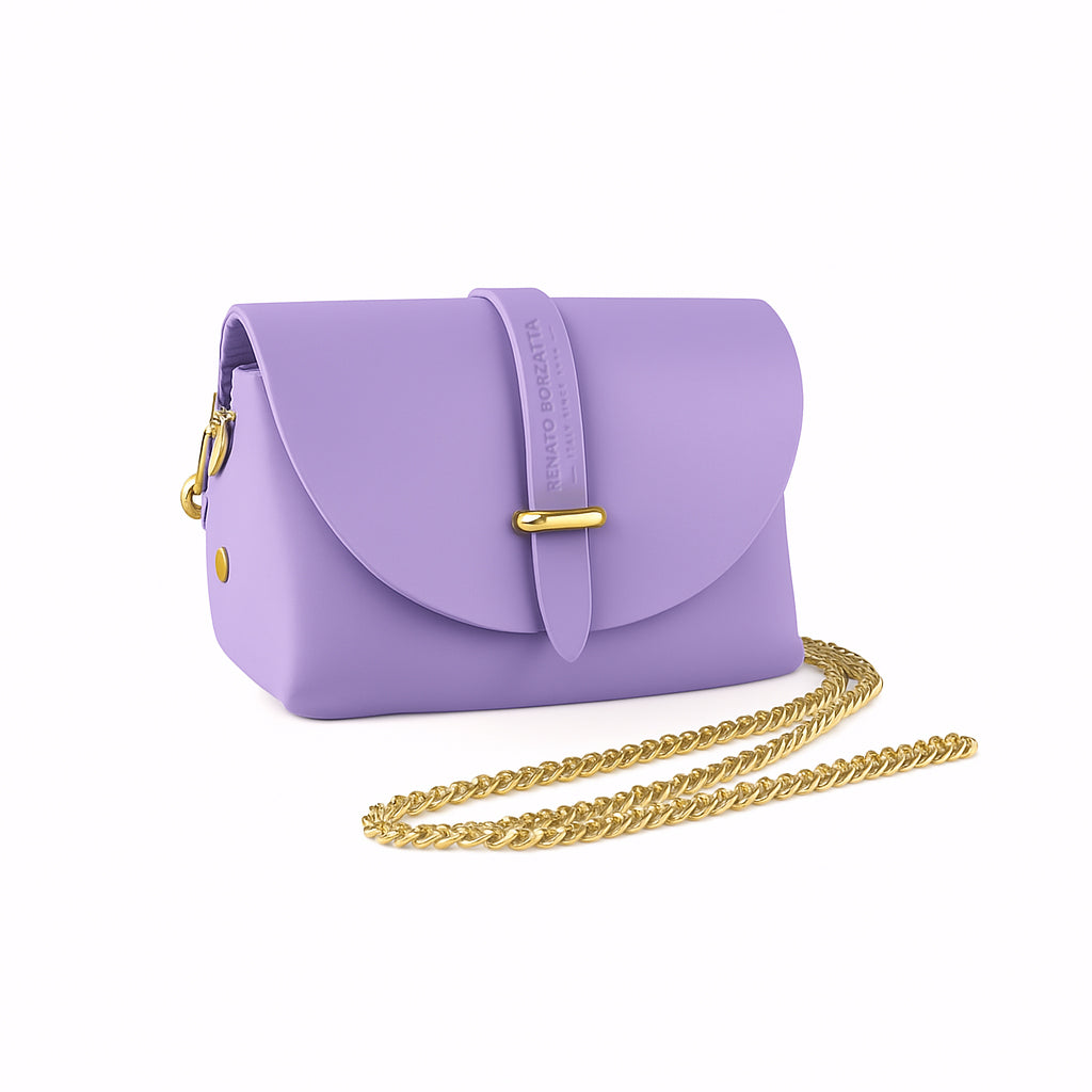 RB1001CI | Borsa Piccola in Vera Pelle Made in Italy con Tracollina removibile e passante di chiusura in metallo Oro Lucido - Colore Lilla - Dimensioni: cm 16,5 x 11 x 8