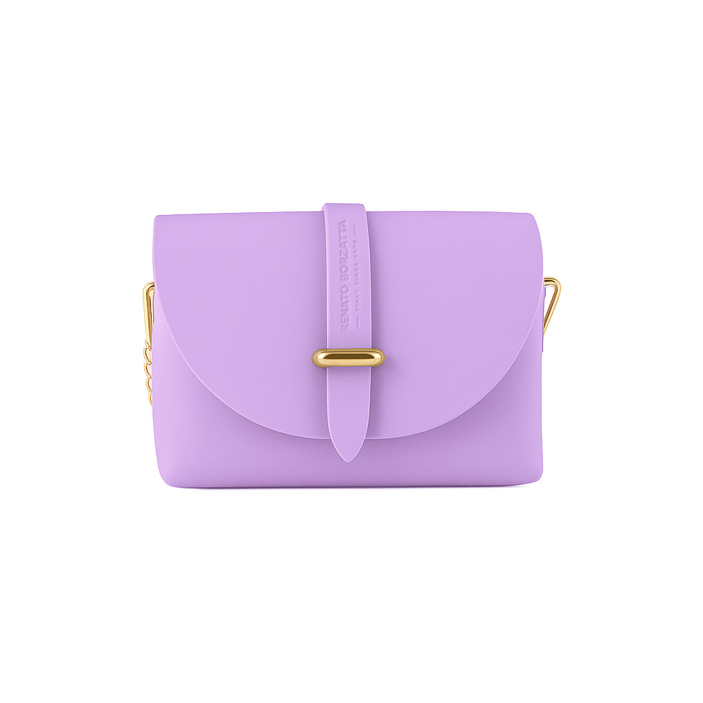 RB1001CI | Borsa Piccola in Vera Pelle Made in Italy con Tracollina removibile e passante di chiusura in metallo Oro Lucido - Colore Lilla - Dimensioni: cm 16,5 x 11 x 8
