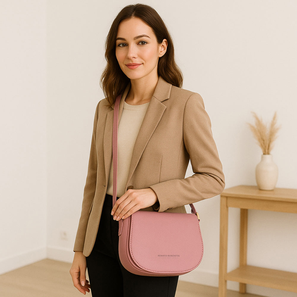 RB1002AZ | Genuine Leather Shoulder Bag Made in Italy with removable leather shoulder strap and attachments with shiny gold metal buckles - Antique Pink color - Dimensions: 26 x 20 x 10 cm