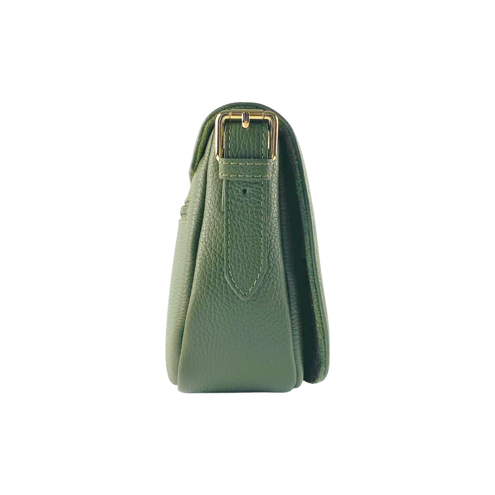 RB1002E | Genuine Leather Shoulder Bag Made in Italy with removable leather shoulder strap and attachments with shiny gold metal buckles - Green color - Dimensions: 26 x 20 x 10 cm