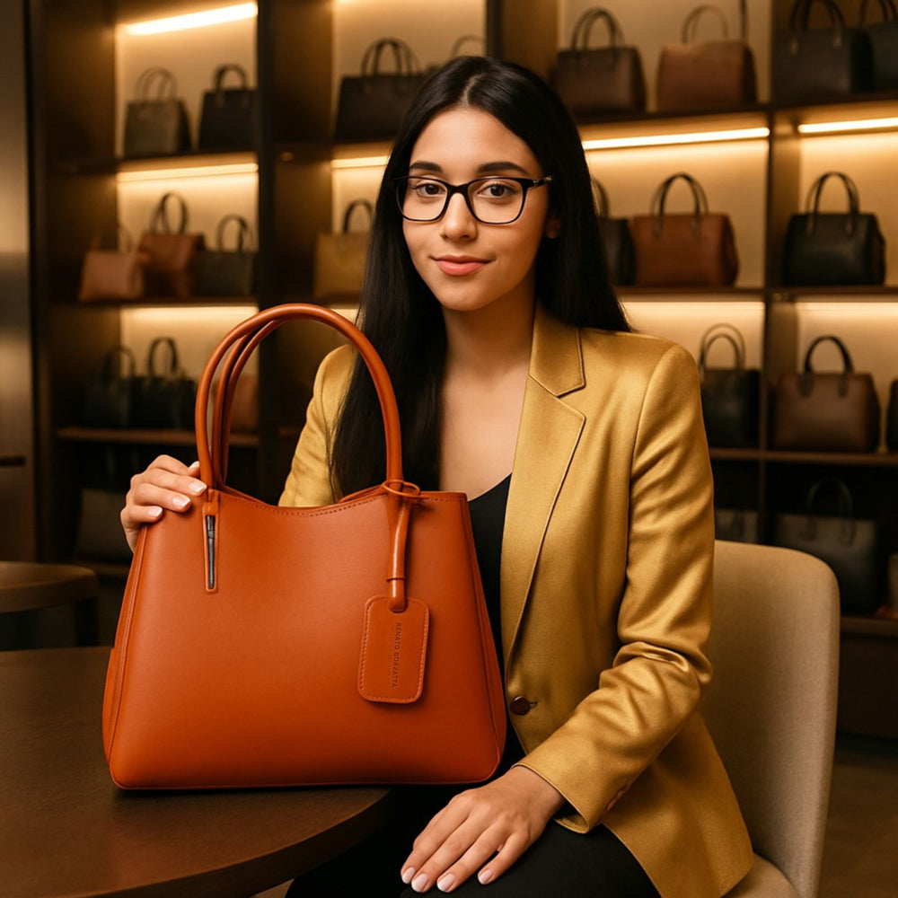 RB1004AM | Genuine Leather Handbag Made in Italy with removable shoulder strap and gunmetal metal snap hook attachments - Paprika color - Dimensions: 33 x 25 x 15 cm + Handles 13 cm