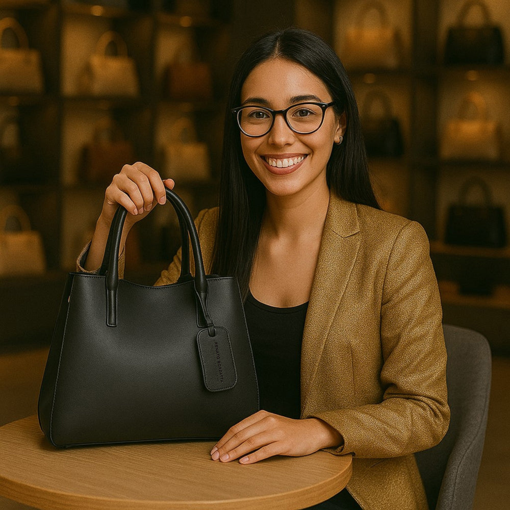 RB1004A | Handbag in Genuine Leather Made in Italy with removable shoulder strap and attachments with metal snap hooks in Gunmetal - Black color - Dimensions: 33 x 25 x 15 cm + Handles 13 cm