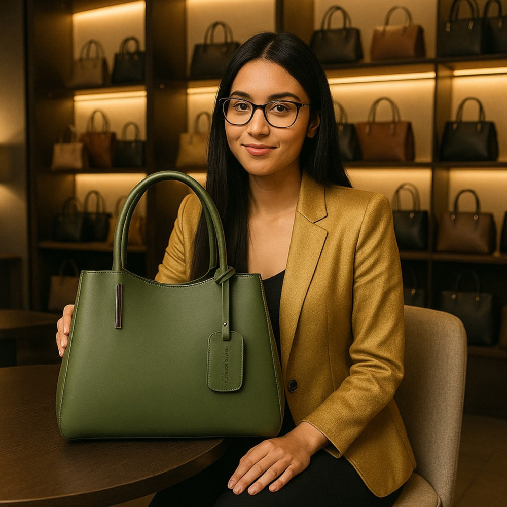 RB1004E | Handbag in Genuine Leather Made in Italy with removable shoulder strap and attachments with metal snap-hooks in Gunmetal - Green color - Dimensions: 33 x 25 x 15 cm + Handles 13 cm