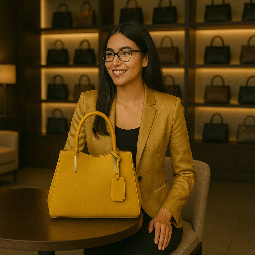 RB1004R | Genuine Leather Handbag Made in Italy with removable shoulder strap and gunmetal metal snap hook attachments - Mustard color - Dimensions: 33 x 25 x 15 cm + Handles 13 cm