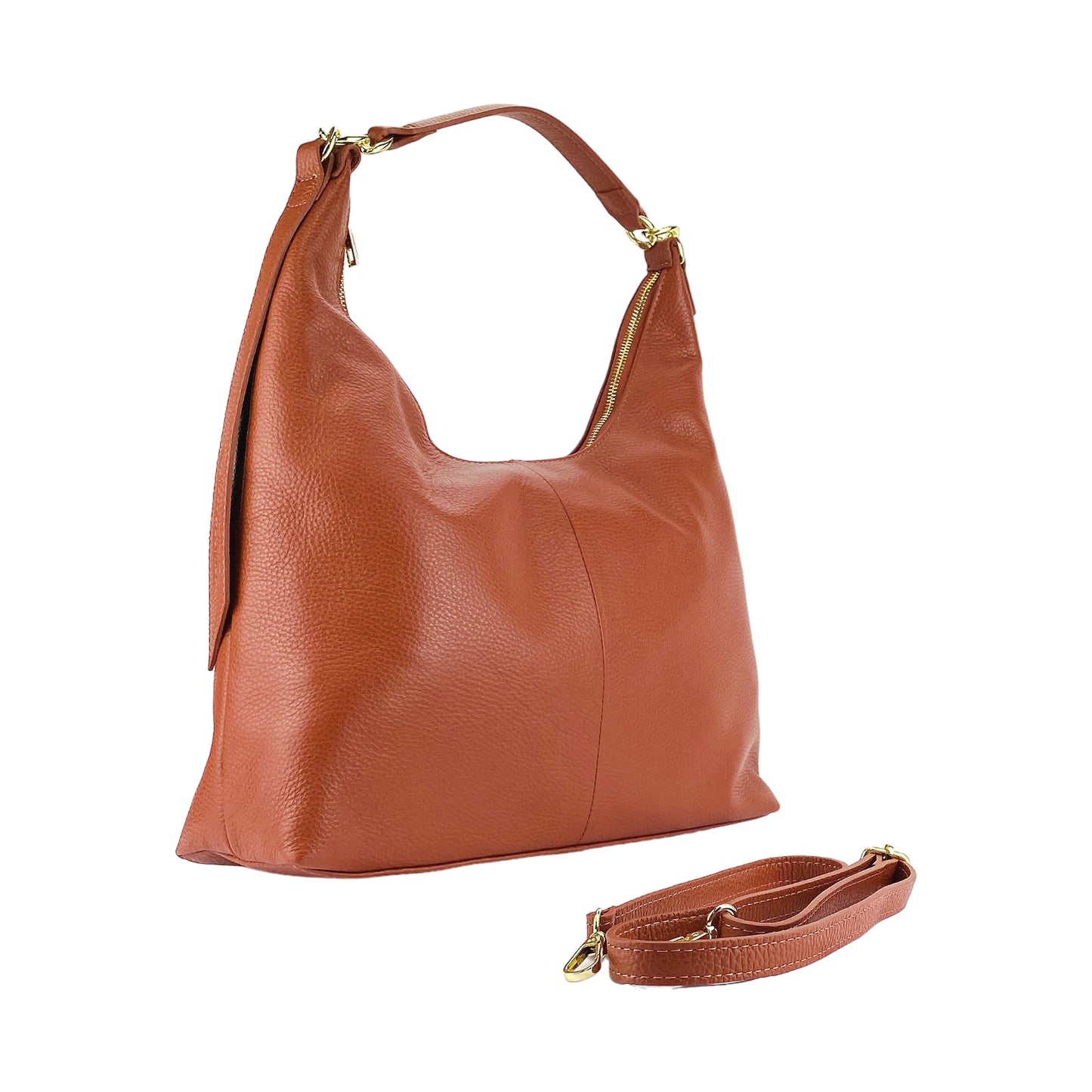 RB1017AM | Borsa Donna a spalla Morbida in Vera Pelle Made in Italy con manico singolo e tracolla removibile. Attacchi con moschettoni in metallo Oro Lucido - Colore Paprika - Dimensioni: cm 36 x 40 x 13