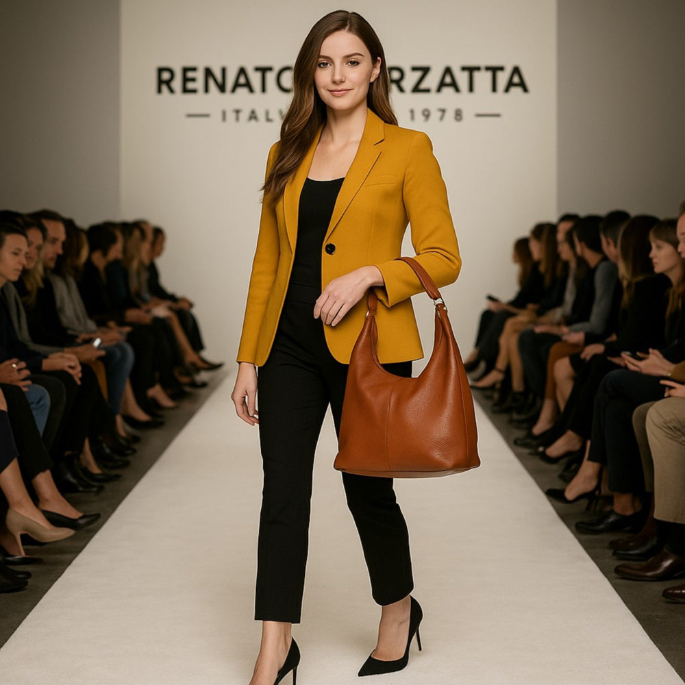 RB1017AM | Soft women's shoulder bag in genuine leather Made in Italy with single handle and removable shoulder strap. Attachments with shiny gold metal snap hooks - Paprika color - Dimensions: 36 x 40 x 13 cm