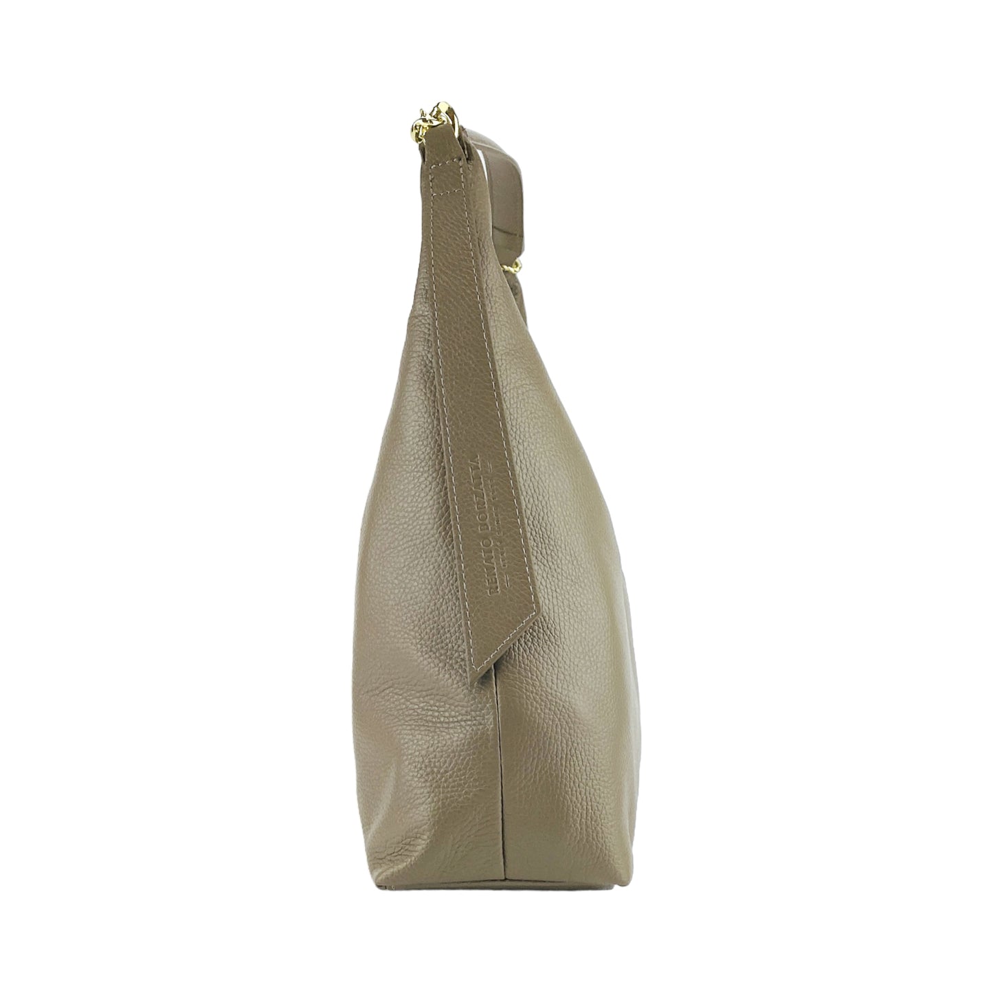 RB1017AQ | Borsa Donna a spalla Morbida in Vera Pelle Made in Italy con manico singolo e tracolla removibile. Attacchi con moschettoni in metallo Oro Lucido - Colore Taupe - Dimensioni: cm 36 x 40 x 13