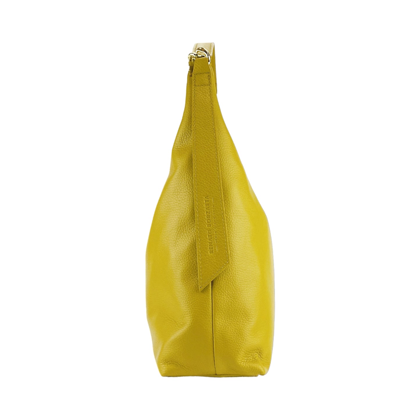 RB1017AR | Borsa Donna a spalla Morbida in Vera Pelle Made in Italy con manico singolo e tracolla removibile. Attacchi con moschettoni in metallo Oro Lucido - Colore Senape - Dimensioni: cm 36 x 40 x 13