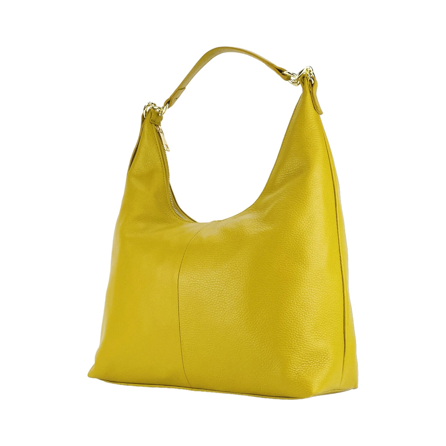 RB1017AR | Borsa Donna a spalla Morbida in Vera Pelle Made in Italy con manico singolo e tracolla removibile. Attacchi con moschettoni in metallo Oro Lucido - Colore Senape - Dimensioni: cm 36 x 40 x 13