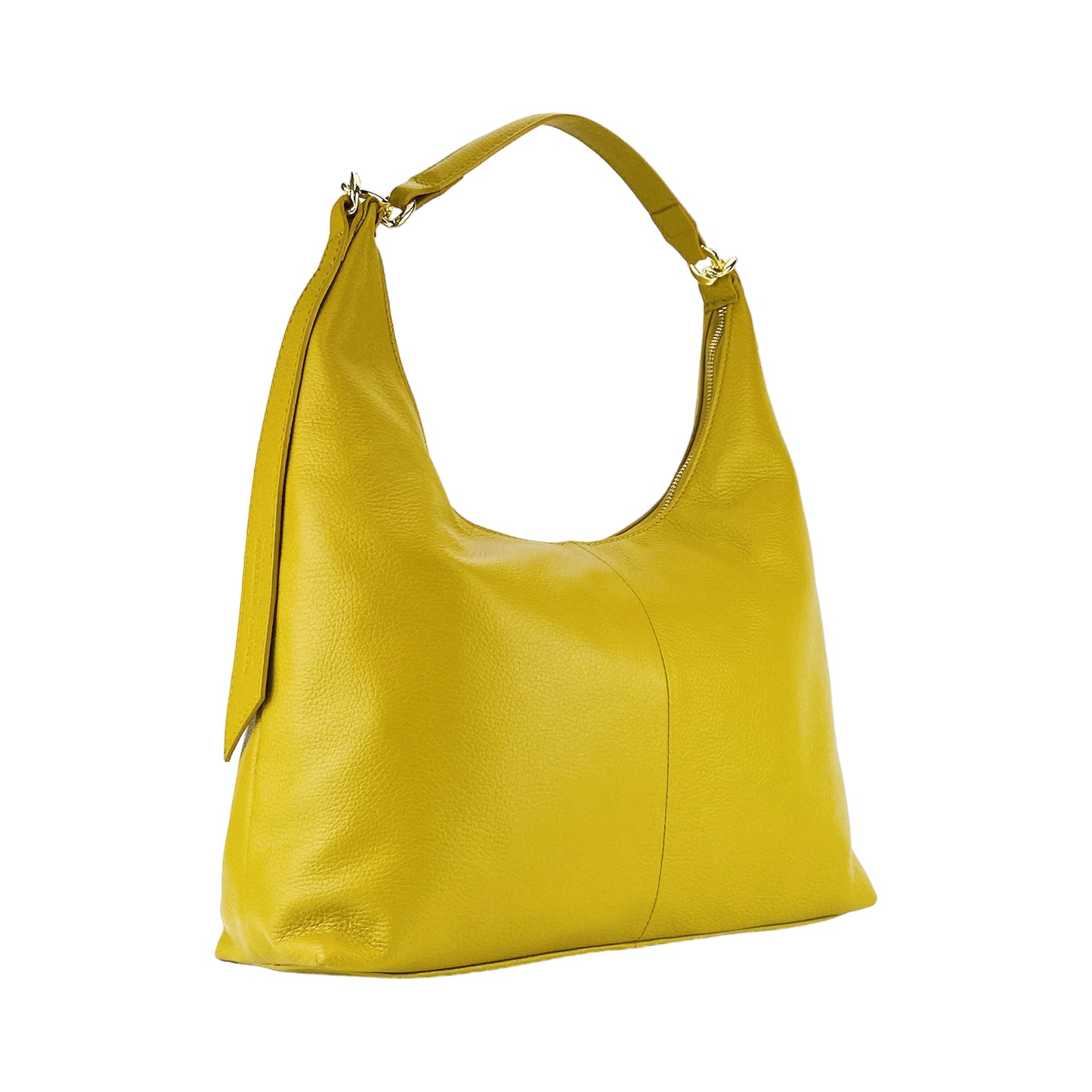 RB1017AR | Borsa Donna a spalla Morbida in Vera Pelle Made in Italy con manico singolo e tracolla removibile. Attacchi con moschettoni in metallo Oro Lucido - Colore Senape - Dimensioni: cm 36 x 40 x 13