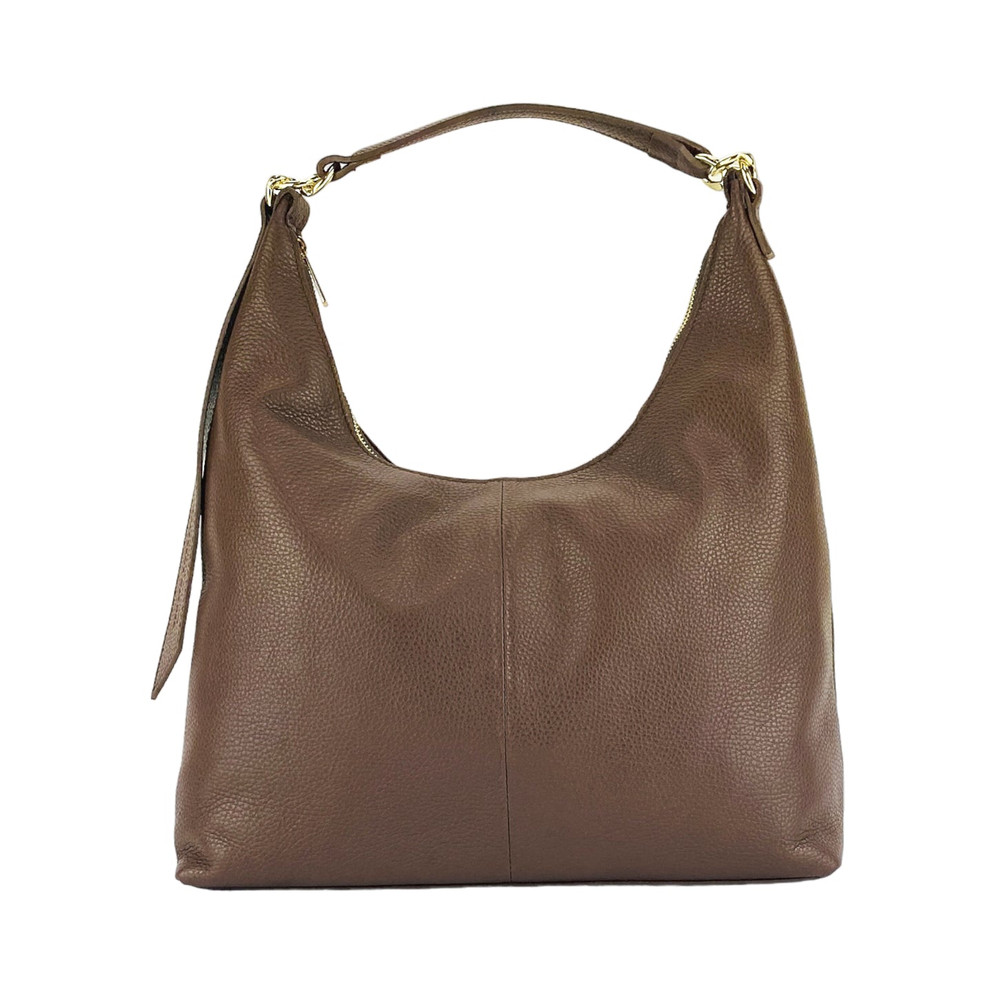 RB1017BV | Borsa Donna a spalla Morbida in Vera Pelle Made in Italy con manico singolo e tracolla removibile. Attacchi con moschettoni in metallo Oro Lucido - Colore Cioccolato - Dimensioni: cm 36 x 40 x 13