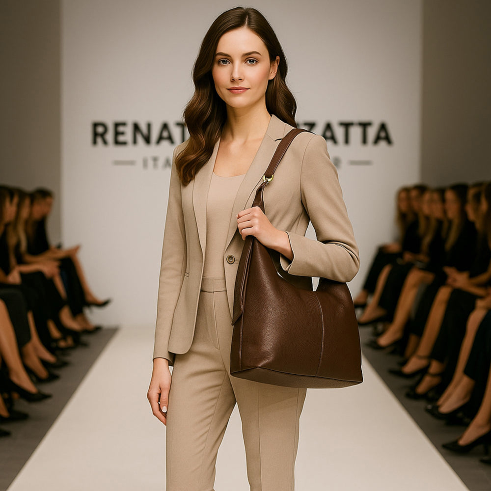 RB1017BV | Soft women's shoulder bag in genuine leather Made in Italy with single handle and removable shoulder strap. Attachments with shiny gold metal snap hooks - Chocolate color - Dimensions: 36 x 40 x 13 cm