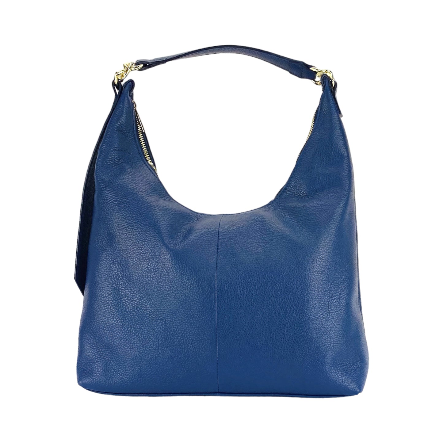 RB1017D | Borsa Donna a spalla Morbida in Vera Pelle Made in Italy con manico singolo e tracolla removibile. Attacchi con moschettoni in metallo Oro Lucido - Colore Blu - Dimensioni: cm 36 x 40 x 13
