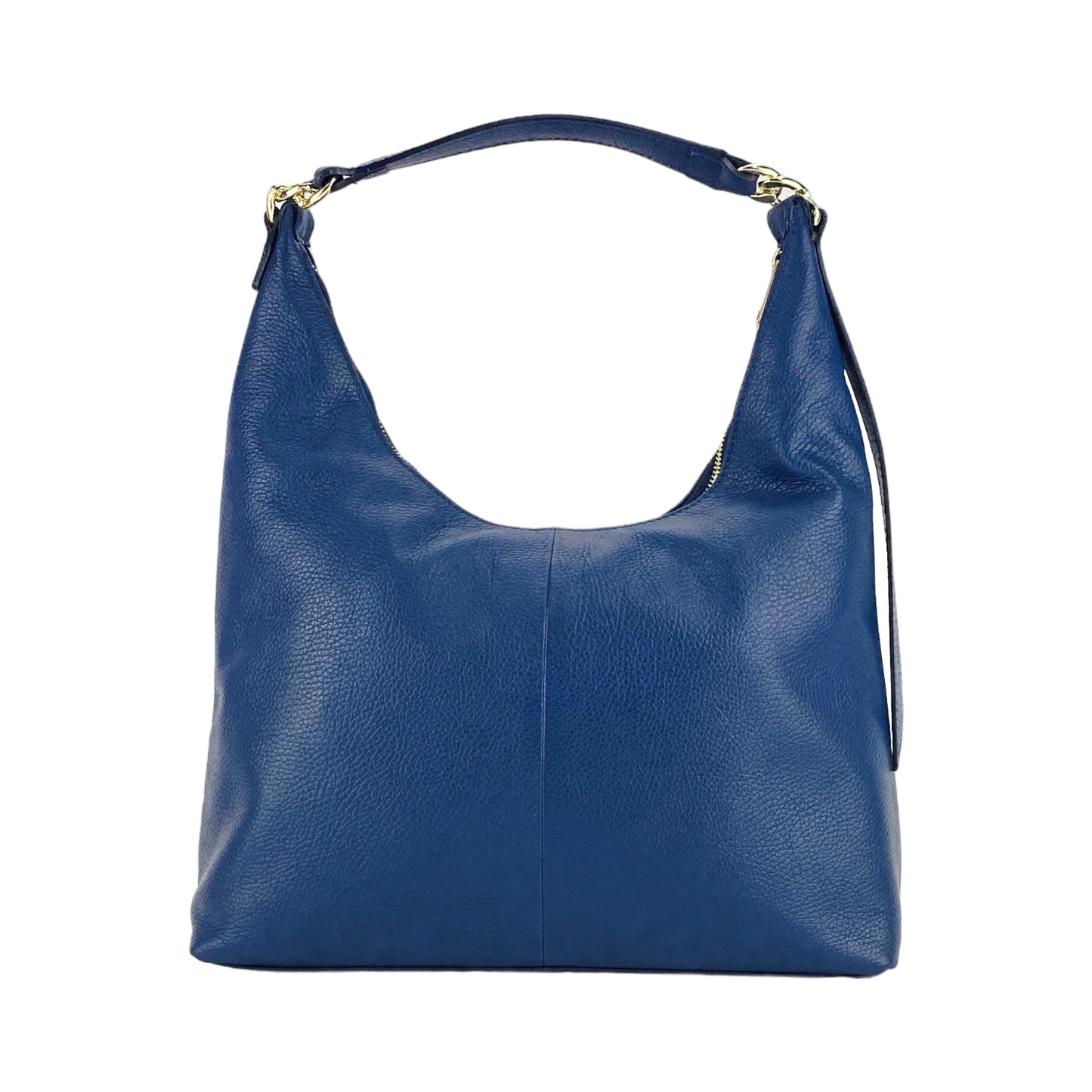 RB1017D | Borsa Donna a spalla Morbida in Vera Pelle Made in Italy con manico singolo e tracolla removibile. Attacchi con moschettoni in metallo Oro Lucido - Colore Blu - Dimensioni: cm 36 x 40 x 13