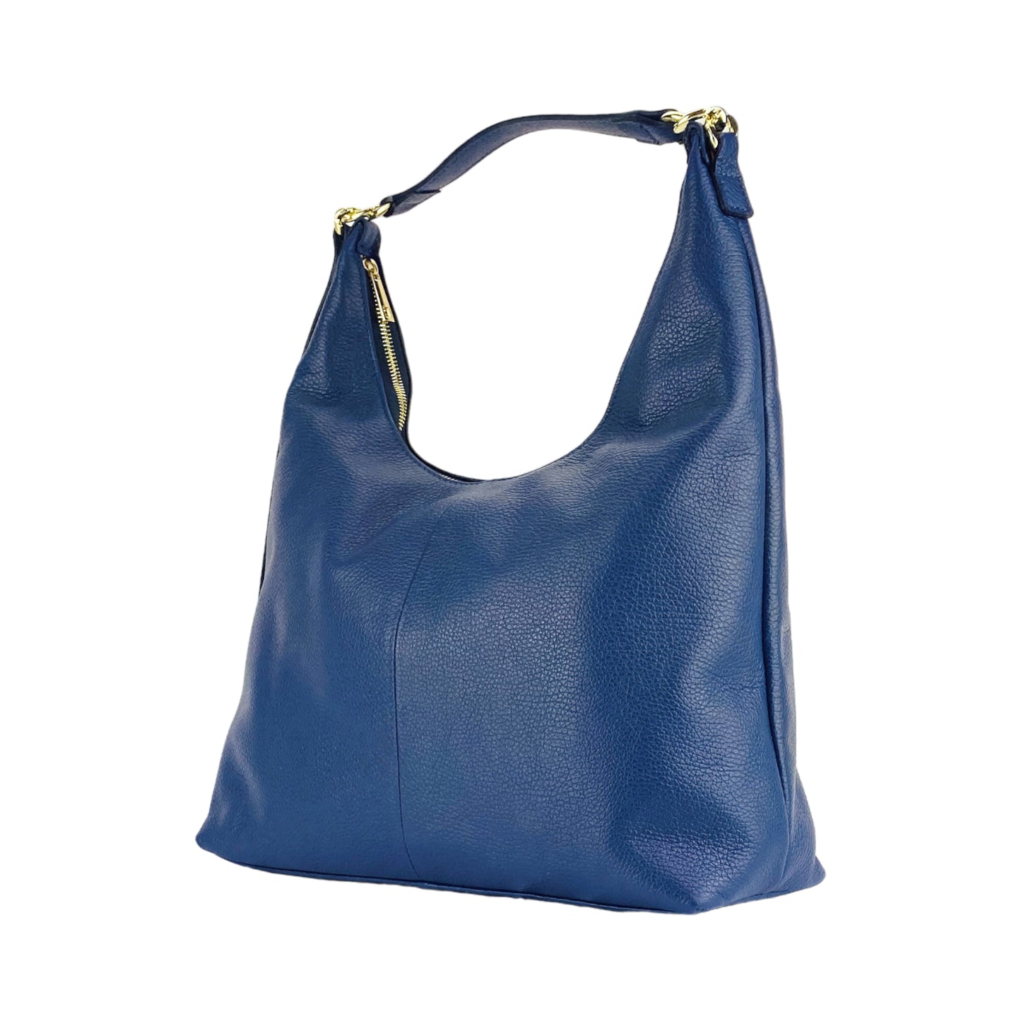 RB1017D | Borsa Donna a spalla Morbida in Vera Pelle Made in Italy con manico singolo e tracolla removibile. Attacchi con moschettoni in metallo Oro Lucido - Colore Blu - Dimensioni: cm 36 x 40 x 13