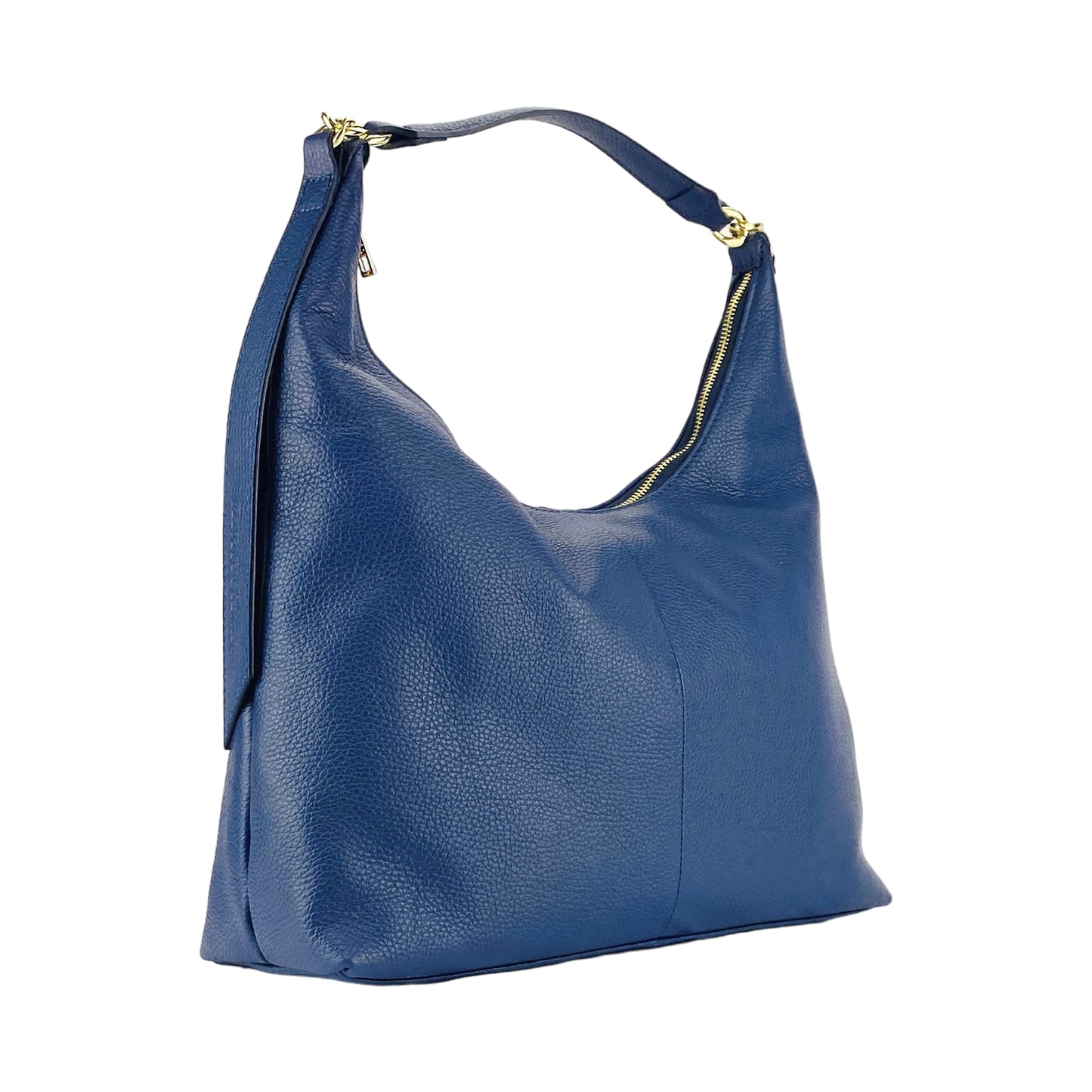 RB1017D | Borsa Donna a spalla Morbida in Vera Pelle Made in Italy con manico singolo e tracolla removibile. Attacchi con moschettoni in metallo Oro Lucido - Colore Blu - Dimensioni: cm 36 x 40 x 13
