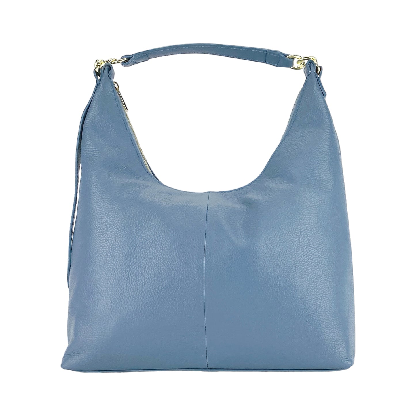 RB1017P | Borsa Donna a spalla Morbida in Vera Pelle Made in Italy con tracolla removibile. Attacchi con moschettoni in metallo Oro Lucido - Colore Avio - Dimensioni: cm 36 x 40 x 13