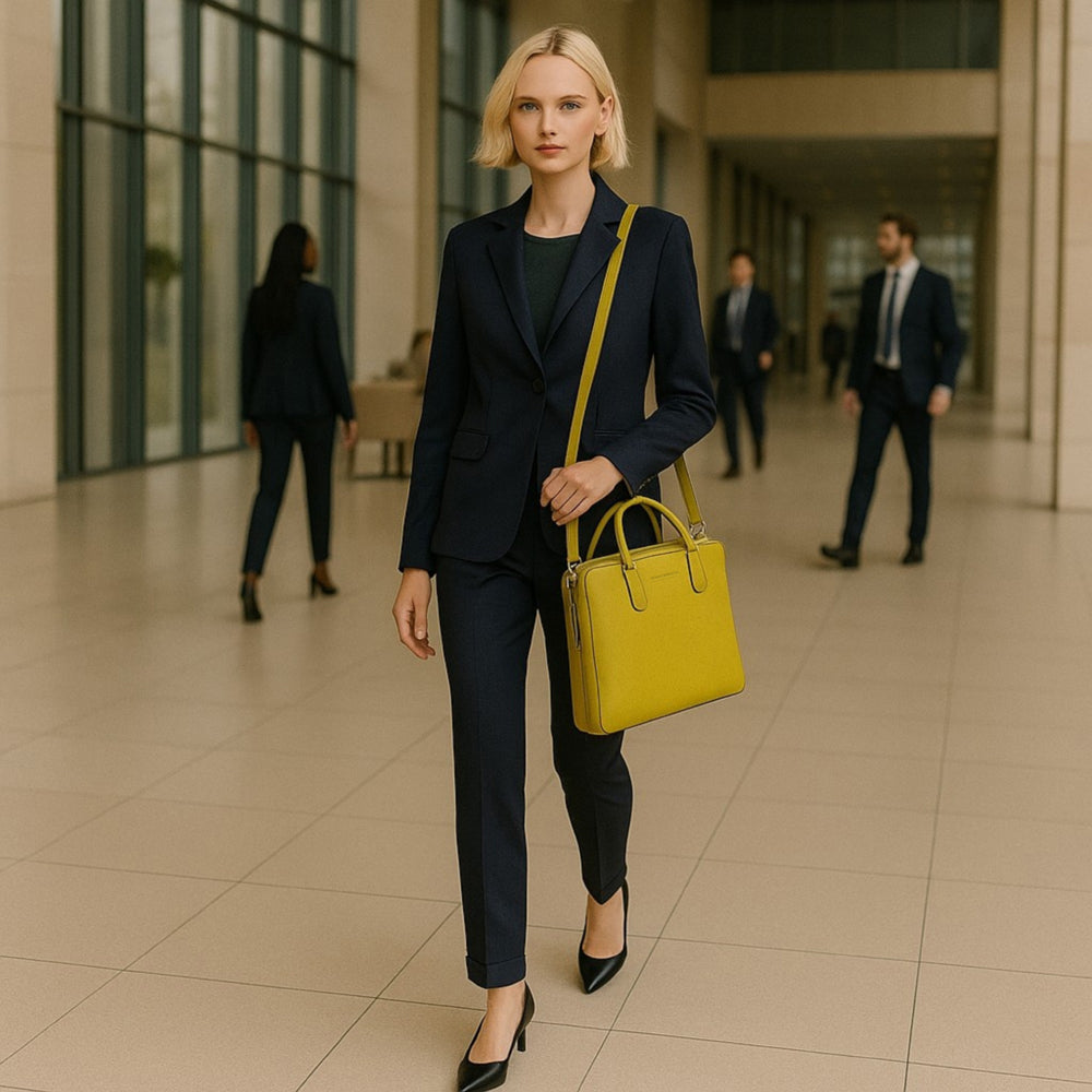 RB1019AR | Cartella Business Unisex in Vera Pelle Made in Italy con tracolla removibile. Attacchi con moschettoni in metallo Nickel Lucido - Colore Senape - Dimensioni: cm 37 x 29 x 6,5
