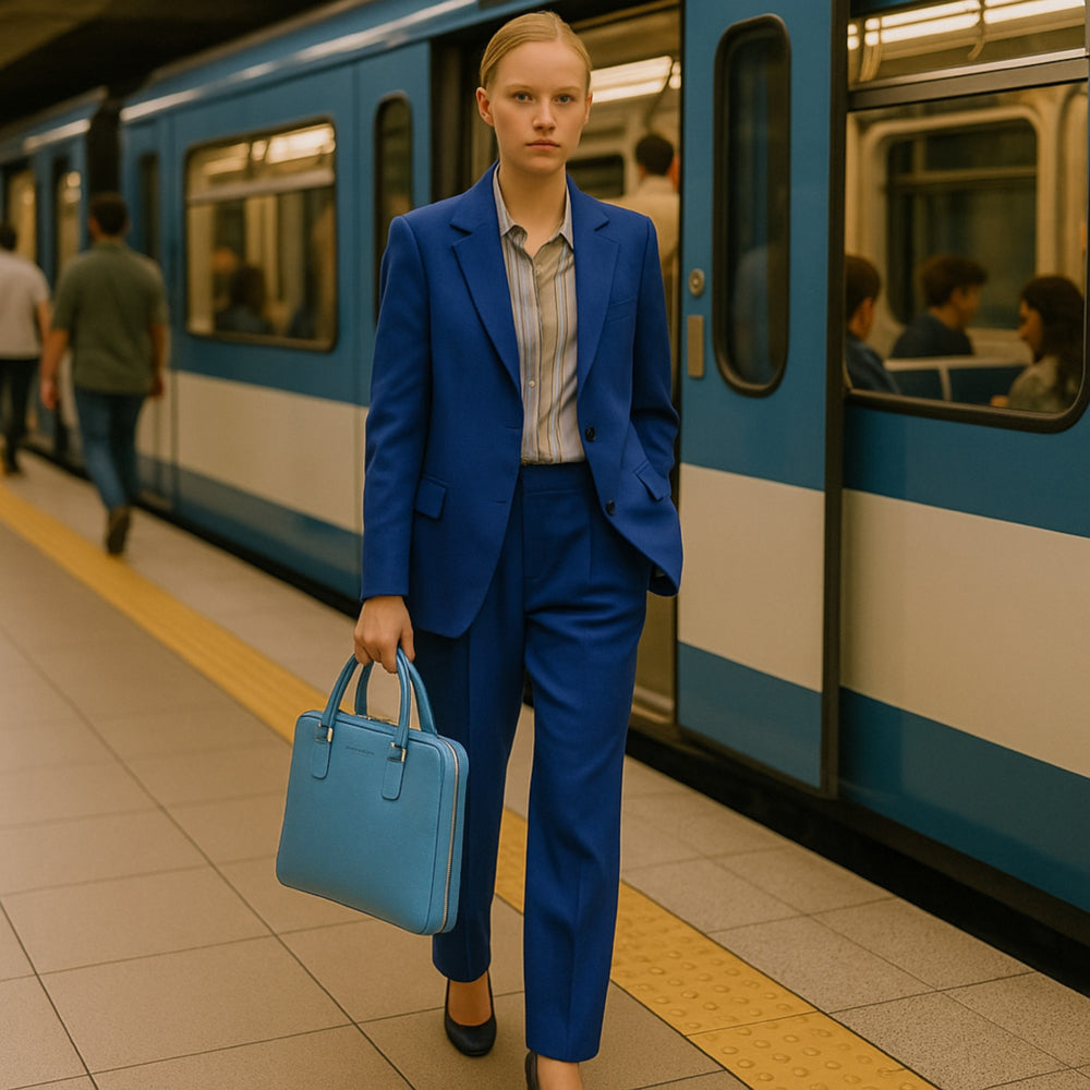 RB1019P | Cartella Business Unisex in Vera Pelle Made in Italy con tracolla removibile. Attacchi con moschettoni in metallo Nickel Lucido - Colore Avio - Dimensioni: cm 37 x 29 x 6,5