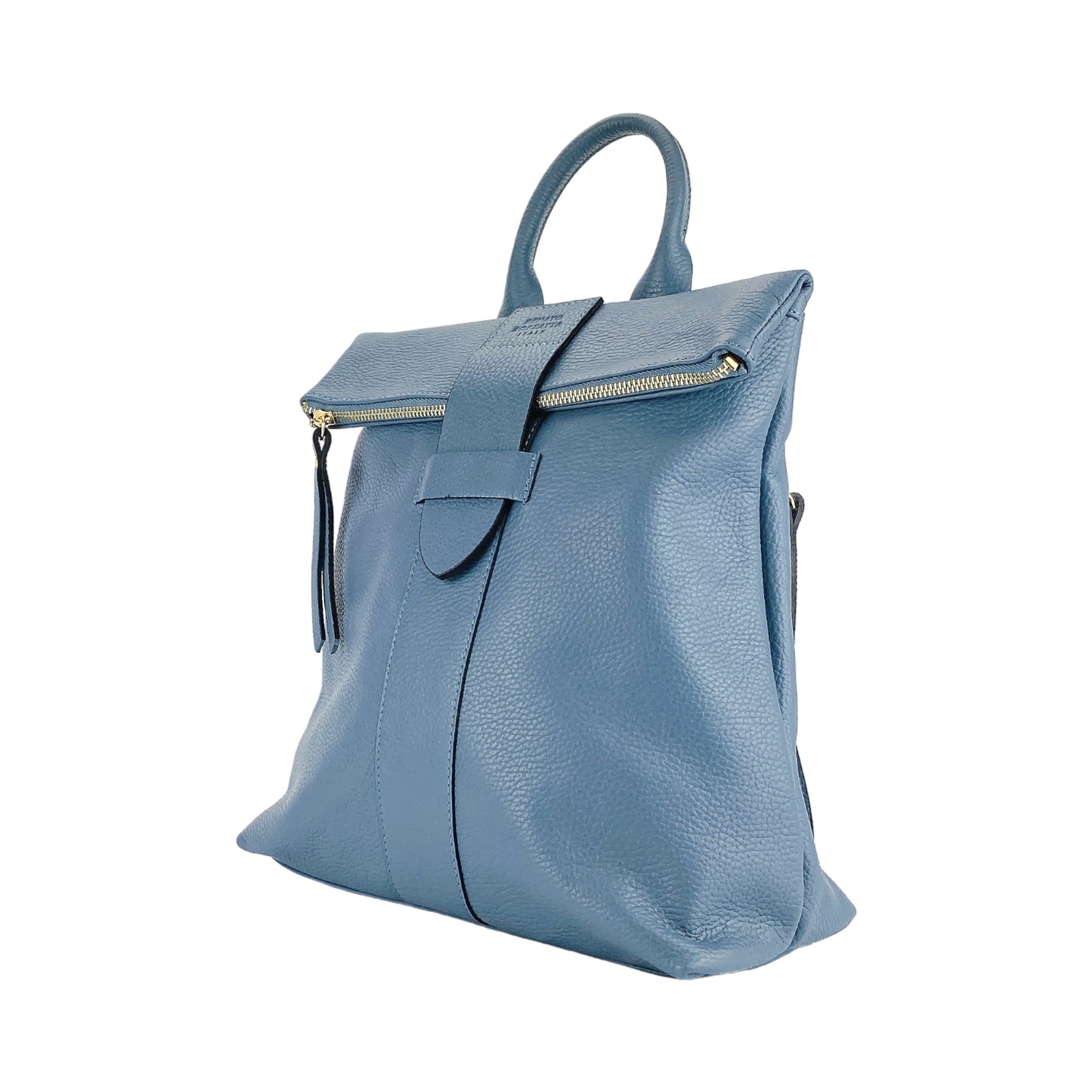 RB1021P | Zaino Donna Morbido in Vera Pelle Made in Italy con Spallacci regolabili. Chiusura lampo e Accessori in metallo Oro Lucido - Colore Avio - Dimensioni: cm 30 x 34 x 10,5