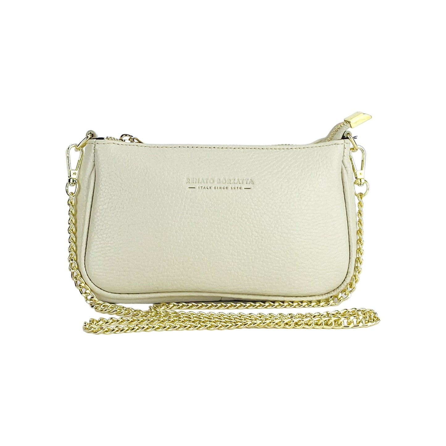 RB1022AB | Borsa Piccola in Vera Pelle Made in Italy con Tracolla a catena removibile. Chiusura con lampo e Accessori in metallo Oro Lucido - Colore Avorio - Dimensioni: cm 20 x 12 x 6