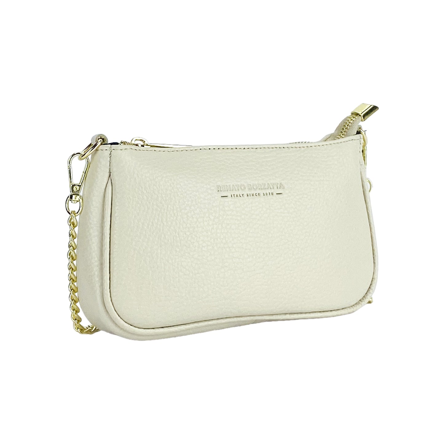 RB1022AB | Borsa Piccola in Vera Pelle Made in Italy con Tracolla a catena removibile. Chiusura con lampo e Accessori in metallo Oro Lucido - Colore Avorio - Dimensioni: cm 20 x 12 x 6