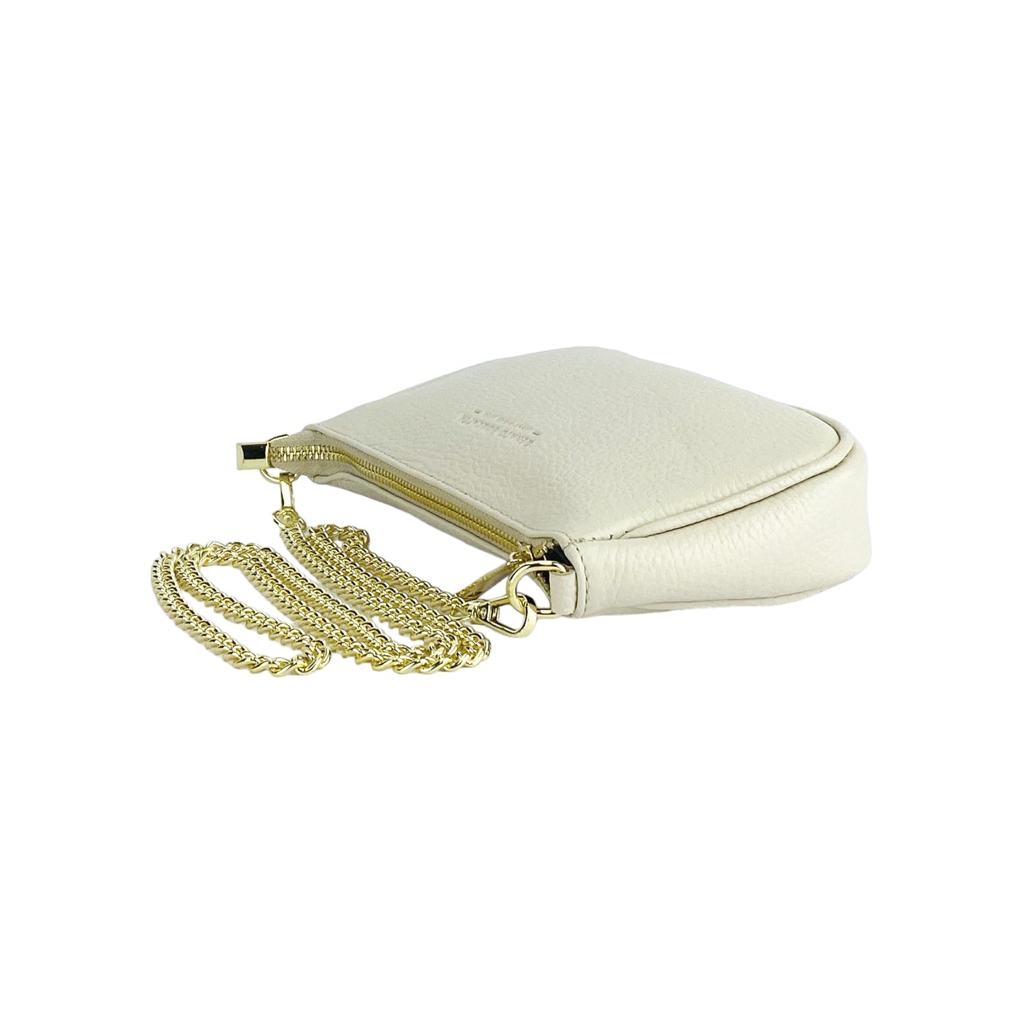 RB1022AB | Borsa Piccola in Vera Pelle Made in Italy con Tracolla a catena removibile. Chiusura con lampo e Accessori in metallo Oro Lucido - Colore Avorio - Dimensioni: cm 20 x 12 x 6