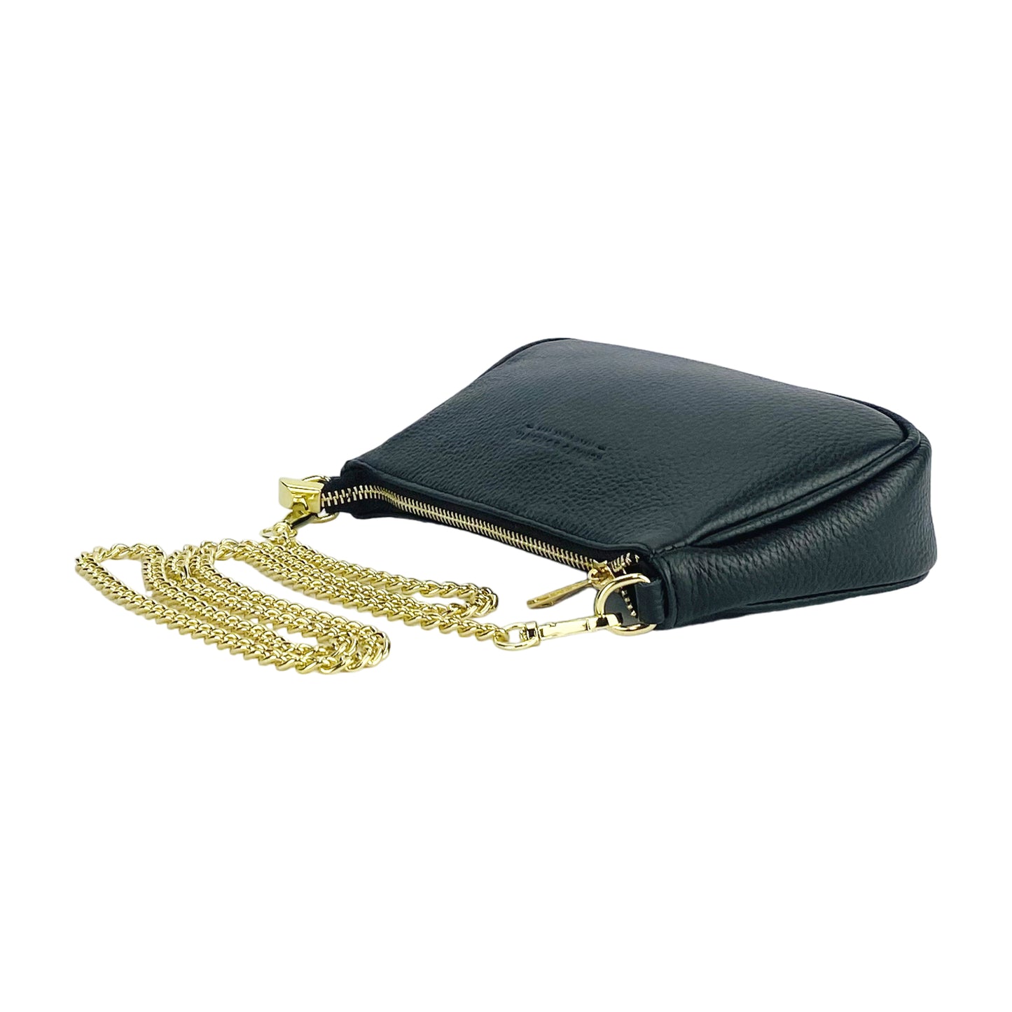 RB1022A | Small bag in genuine leather Made in Italy with removable chain shoulder strap. Zipper closure and shiny gold metal accessories - Black color - Dimensions: 20 x 12 x 6 cm