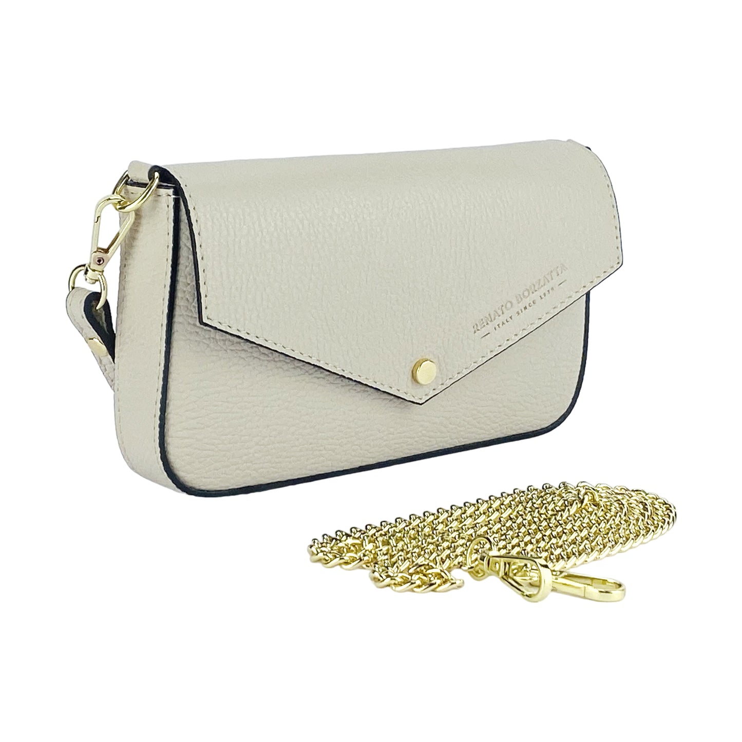 RB1023AB | Borsa piccola a Spalla con Tracolla a catena removibile in Vera Pelle Made in Italy. Pattina di Chiusura. Accessori in metallo Oro Lucido - Colore Avorio - Dimensioni: cm 22 x 12 x 3