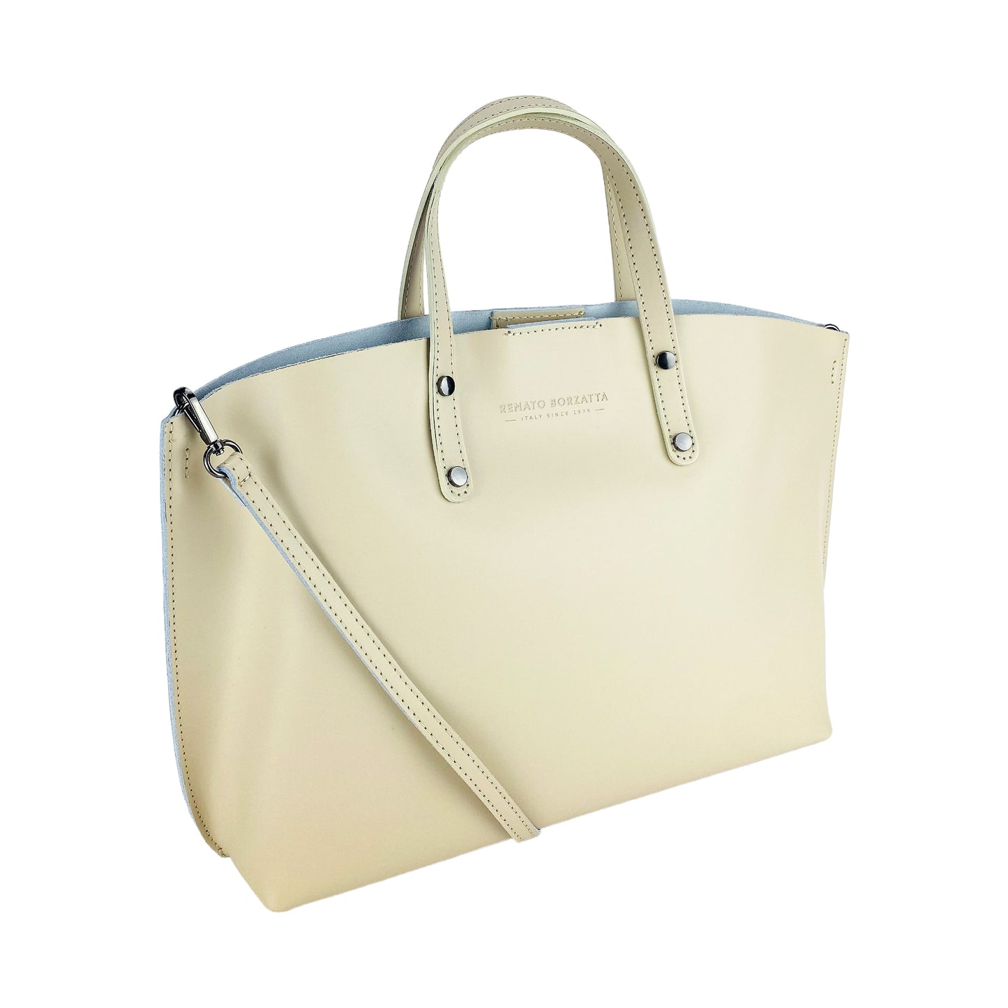 RB1024AL | Borsa Donna a Mano in Vera Pelle Made in Italy con tracolla removibile. Sacca grande interna estraibile. Accessori Canna di Fucile Lucido - Colore Beige - Dimensioni: cm 48x31x11