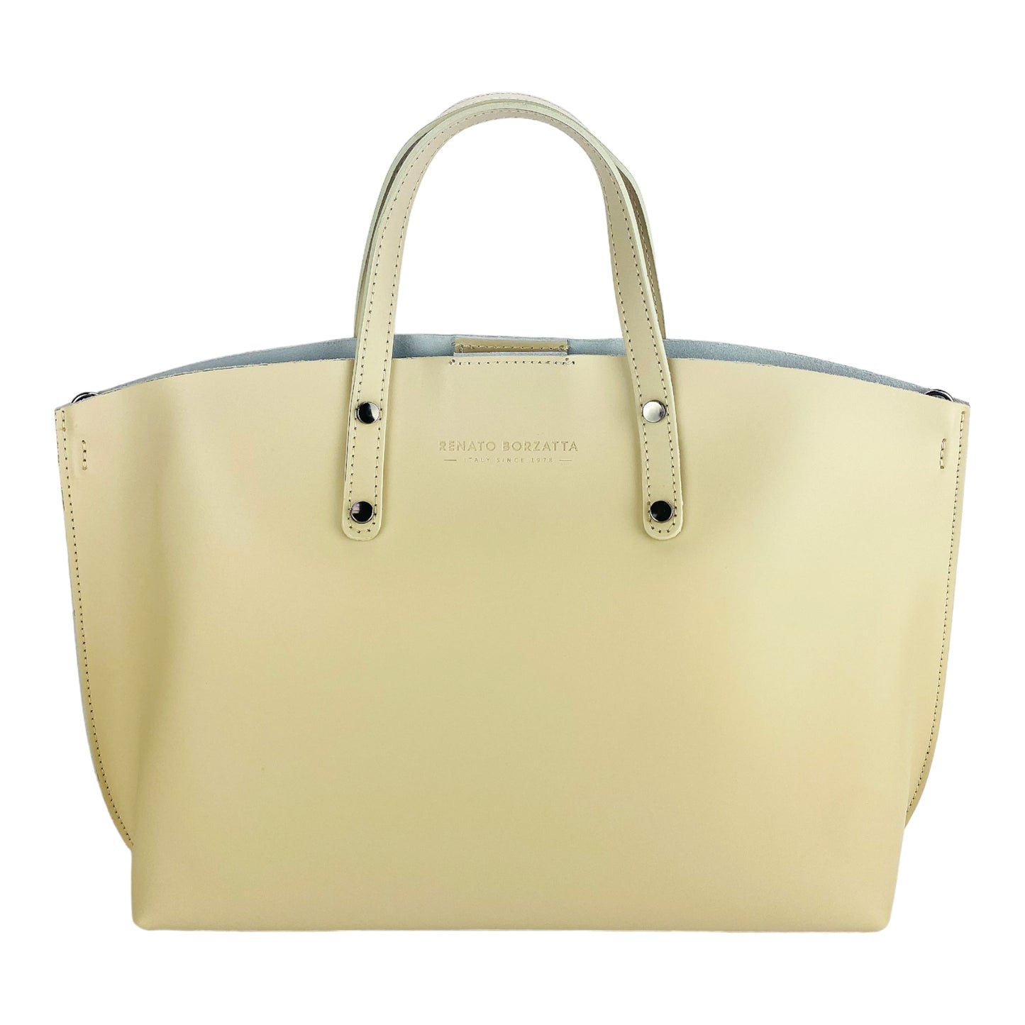RB1024AL | Borsa Donna a Mano in Vera Pelle Made in Italy con tracolla removibile. Sacca grande interna estraibile. Accessori Canna di Fucile Lucido - Colore Beige - Dimensioni: cm 48x31x11