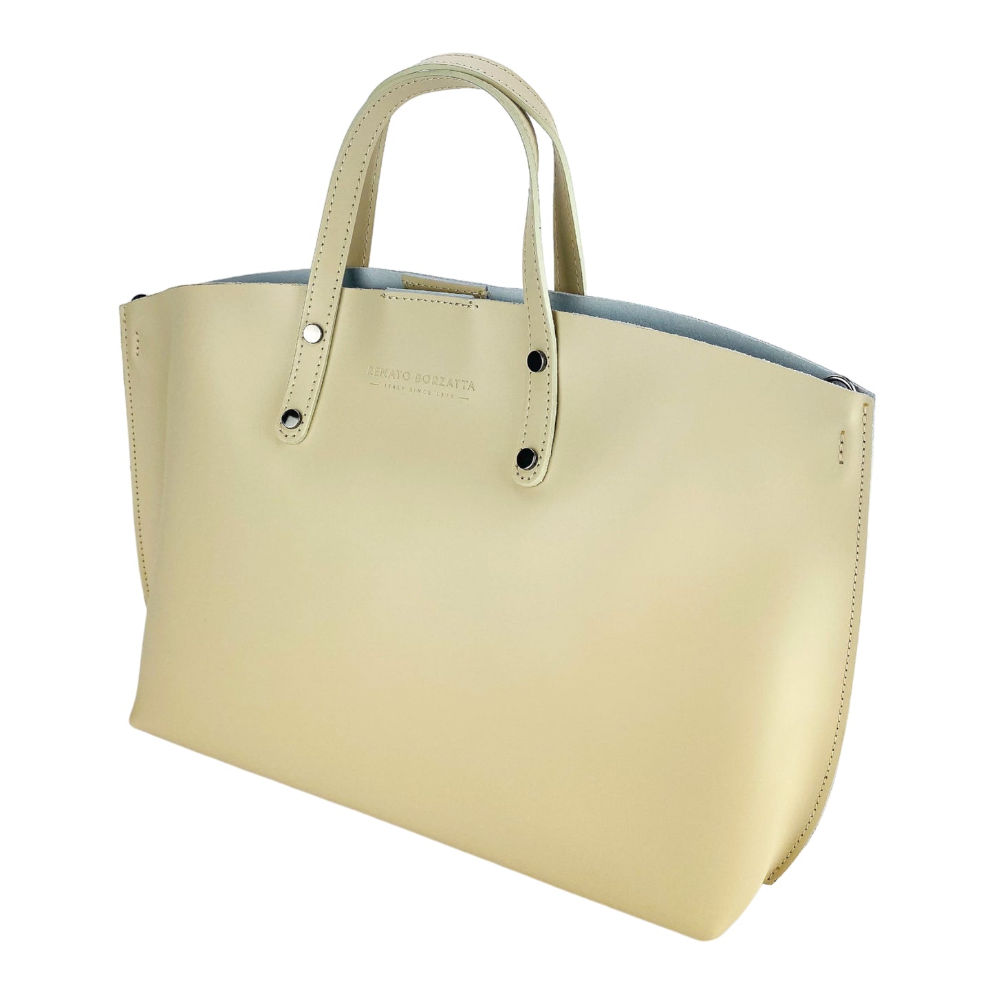 RB1024AL | Borsa Donna a Mano in Vera Pelle Made in Italy con tracolla removibile. Sacca grande interna estraibile. Accessori Canna di Fucile Lucido - Colore Beige - Dimensioni: cm 48x31x11