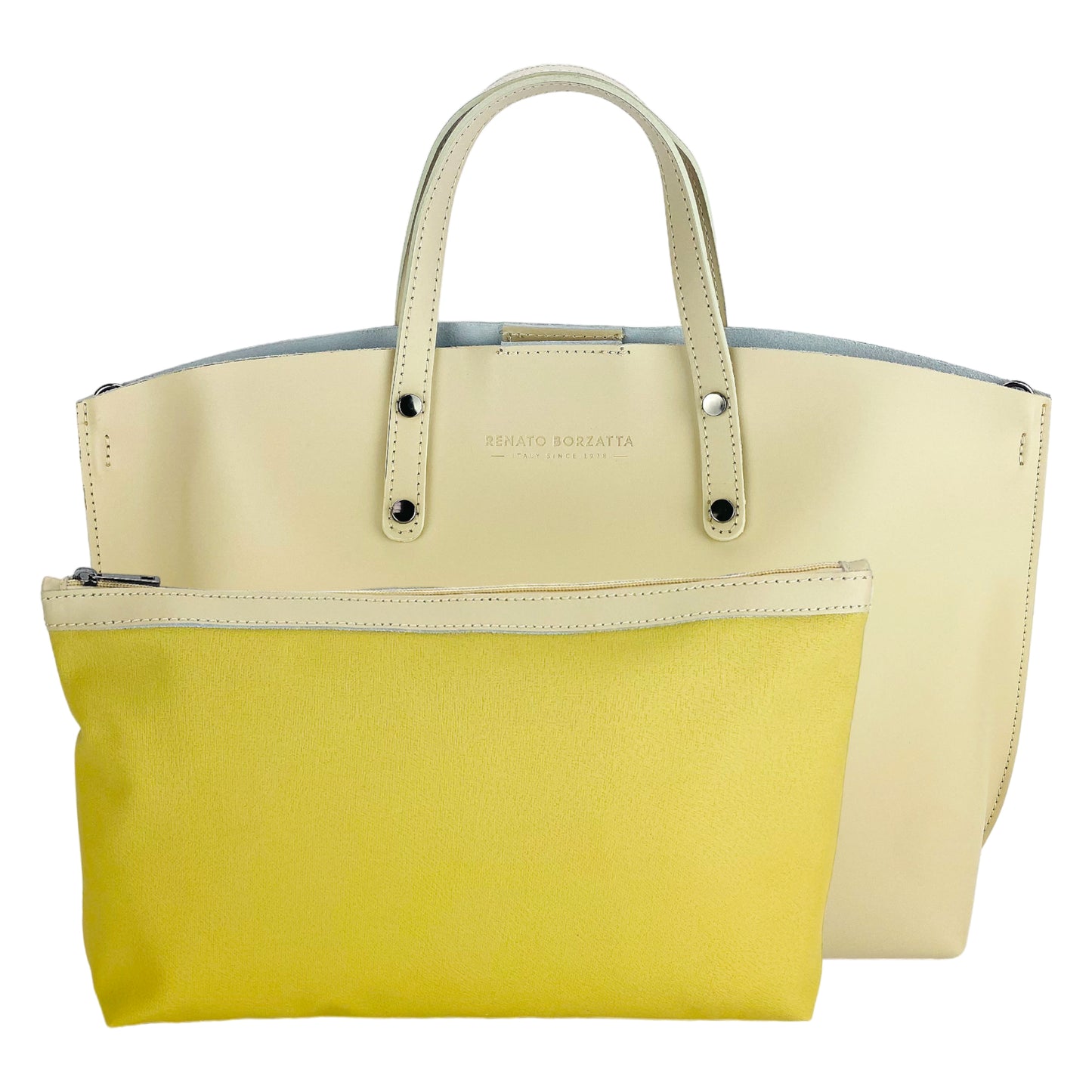 RB1024AL | Borsa Donna a Mano in Vera Pelle Made in Italy con tracolla removibile. Sacca grande interna estraibile. Accessori Canna di Fucile Lucido - Colore Beige - Dimensioni: cm 48x31x11
