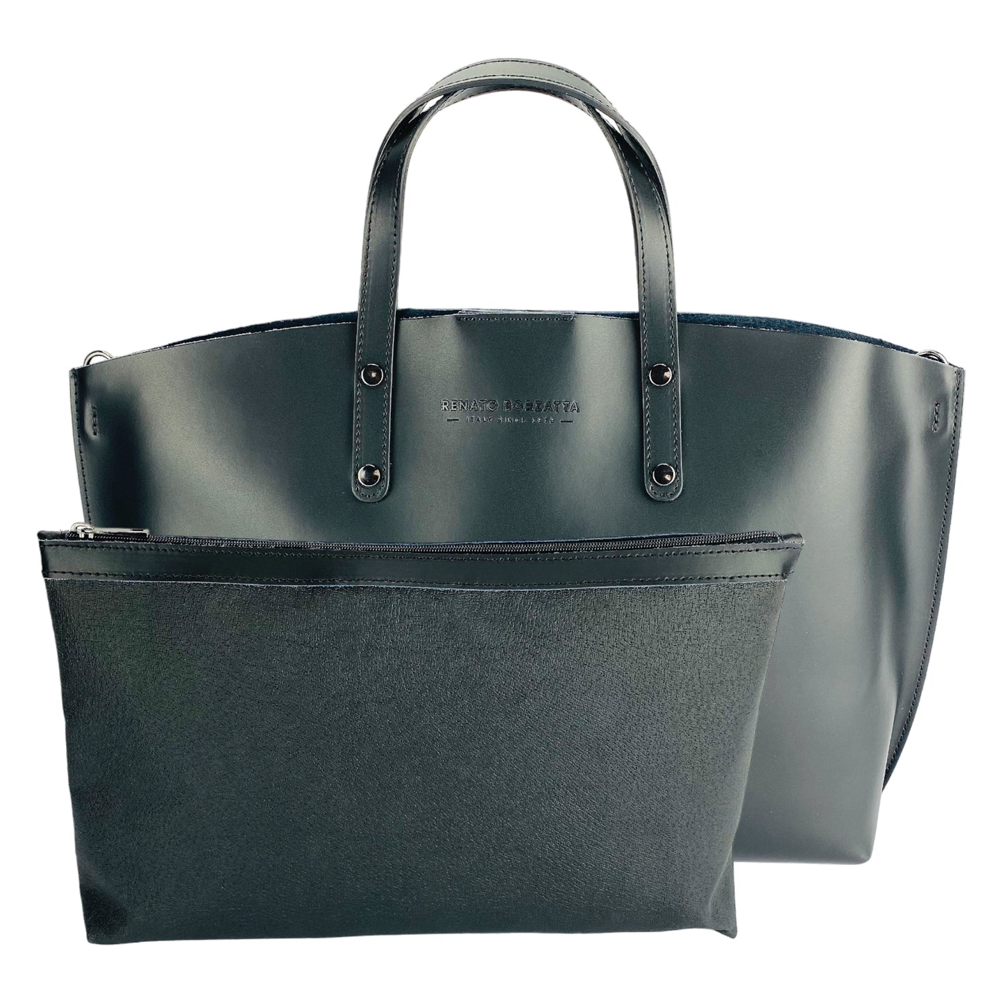 RB1024A | Borsa Donna a Mano in Vera Pelle Made in Italy con tracolla removibile. Sacca grande interna estraibile. Accessori Canna di Fucile Lucido - Colore Nero - Dimensioni: cm 48x31x11
