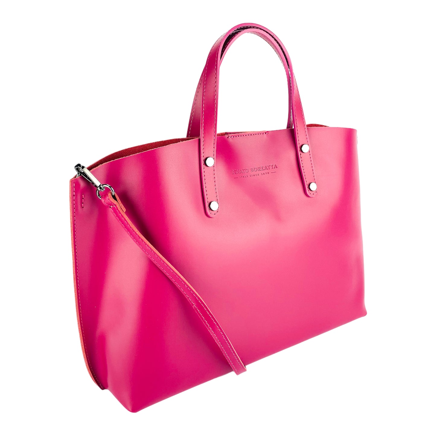 RB1024BE | Borsa Donna a Mano in Vera Pelle Made in Italy con tracolla removibile. Sacca grande interna estraibile. Accessori Canna di Fucile Lucido - Colore Fuxia - Dimensioni: cm 48x31x11