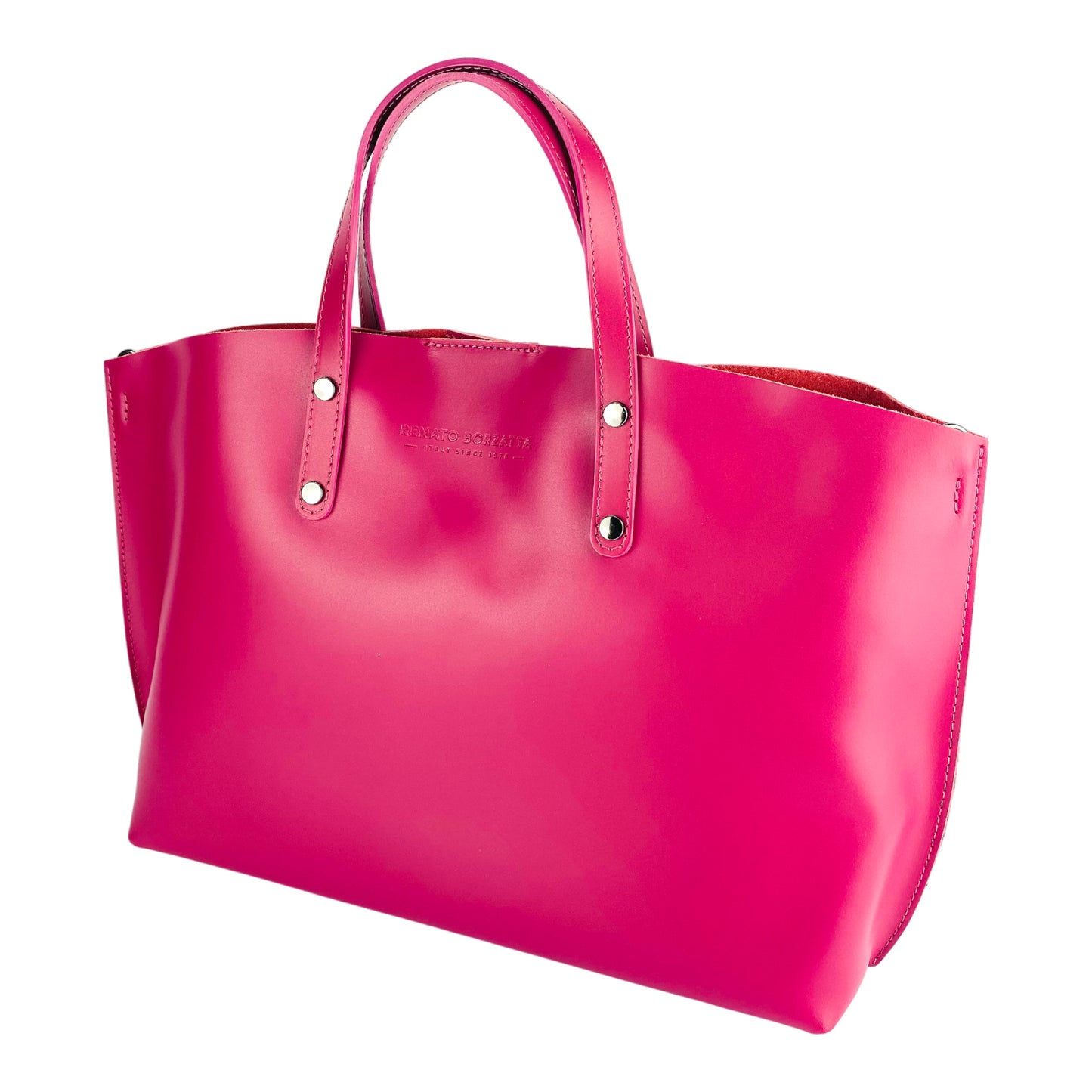 RB1024BE | Borsa Donna a Mano in Vera Pelle Made in Italy con tracolla removibile. Sacca grande interna estraibile. Accessori Canna di Fucile Lucido - Colore Fuxia - Dimensioni: cm 48x31x11