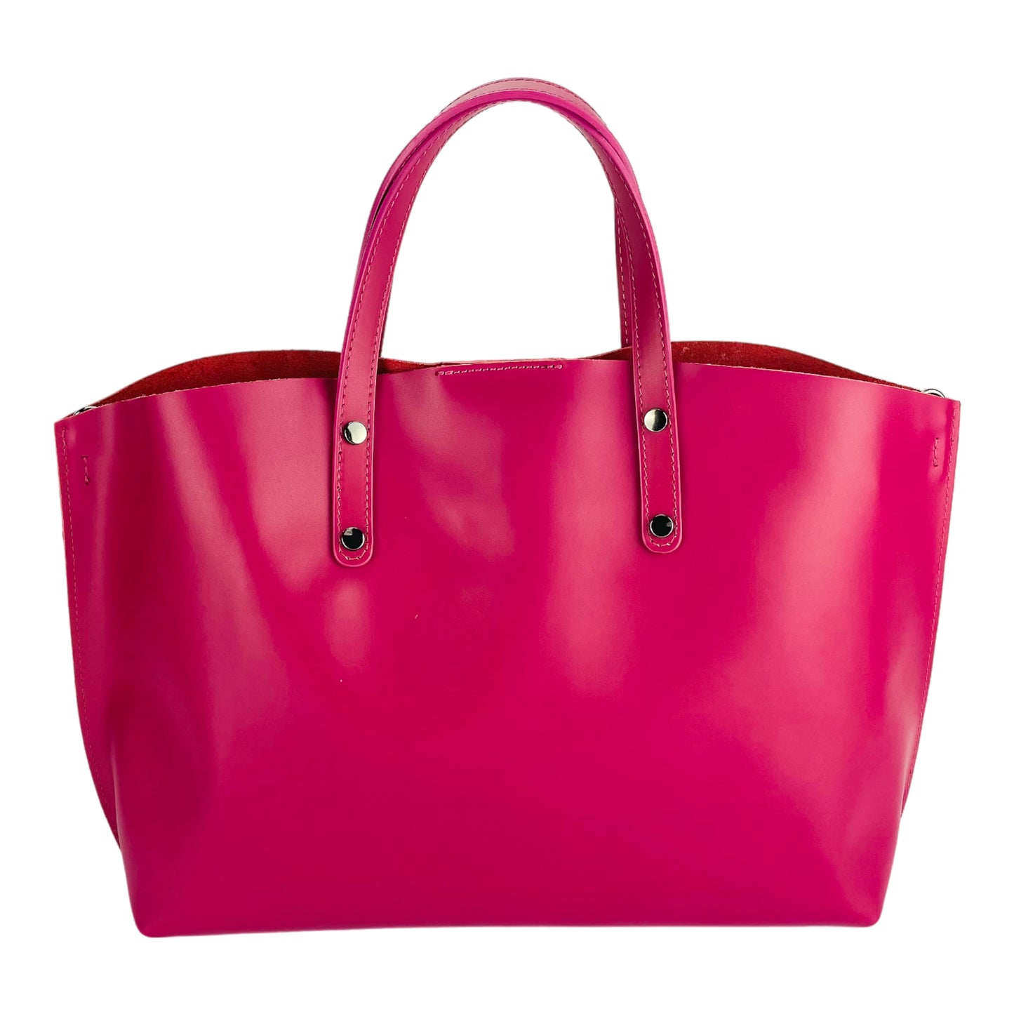 RB1024BE | Borsa Donna a Mano in Vera Pelle Made in Italy con tracolla removibile. Sacca grande interna estraibile. Accessori Canna di Fucile Lucido - Colore Fuxia - Dimensioni: cm 48x31x11