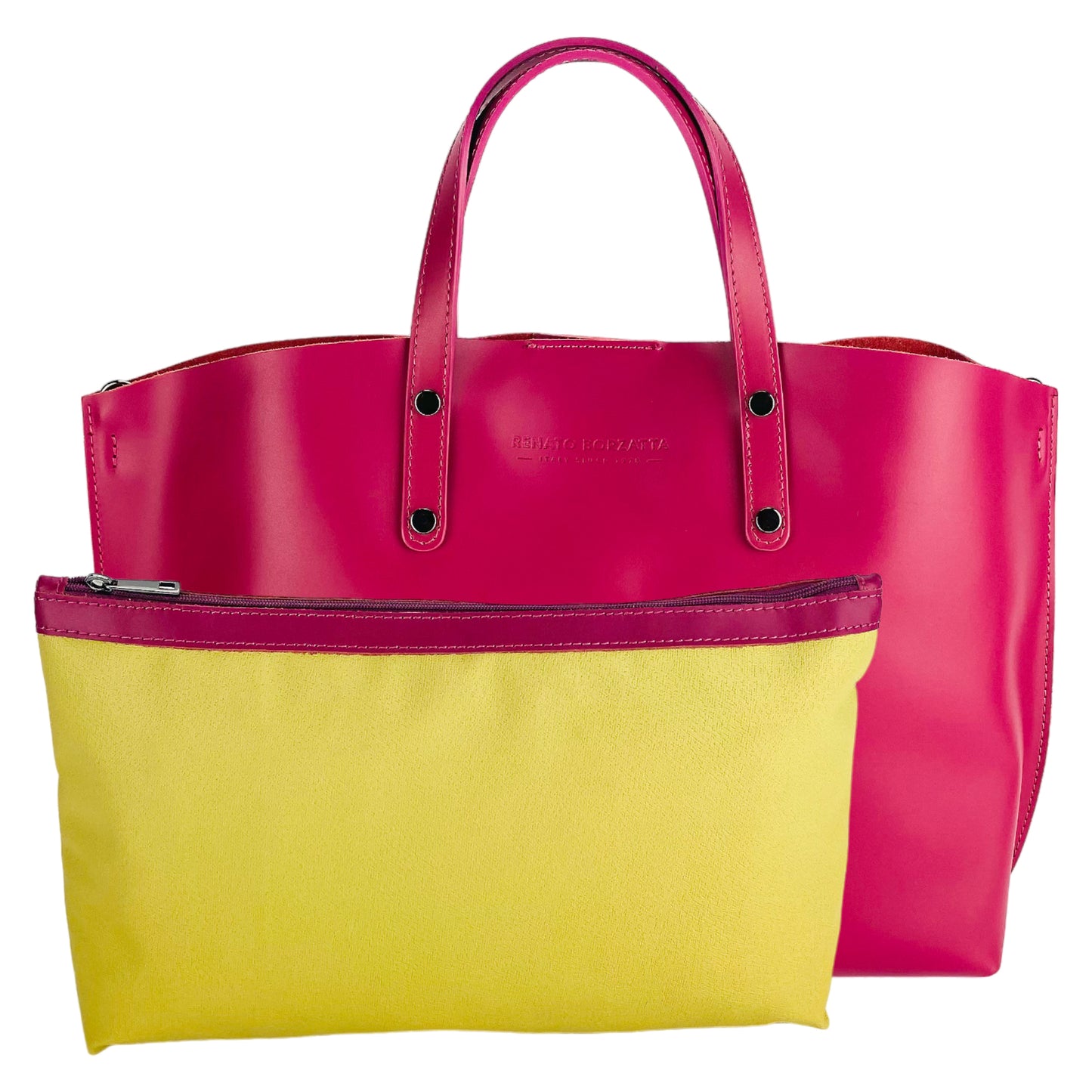 RB1024BE | Borsa Donna a Mano in Vera Pelle Made in Italy con tracolla removibile. Sacca grande interna estraibile. Accessori Canna di Fucile Lucido - Colore Fuxia - Dimensioni: cm 48x31x11
