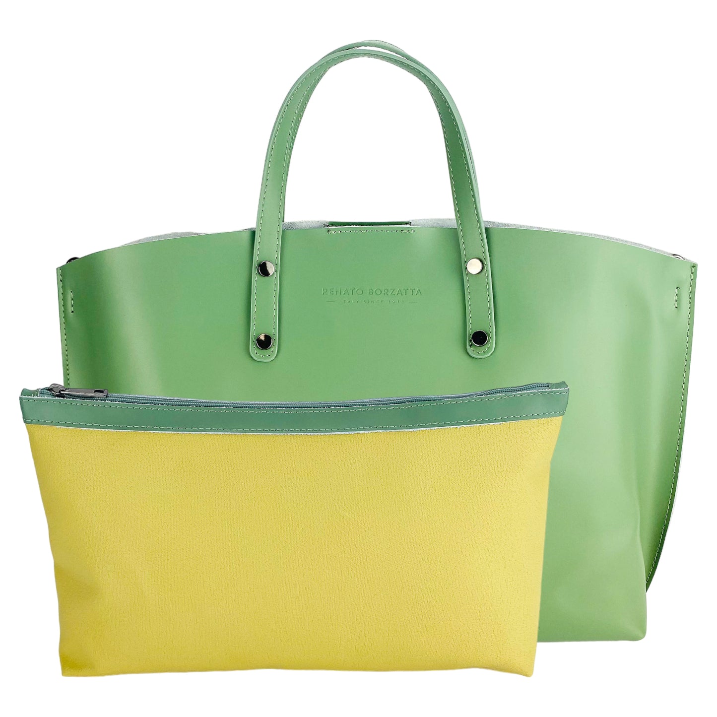 RB1024BF | Borsa Donna a Mano in Vera Pelle Made in Italy con tracolla removibile. Sacca grande interna estraibile. Accessori Canna di Fucile Lucido - Colore Menta - Dimensioni: cm 48x31x11