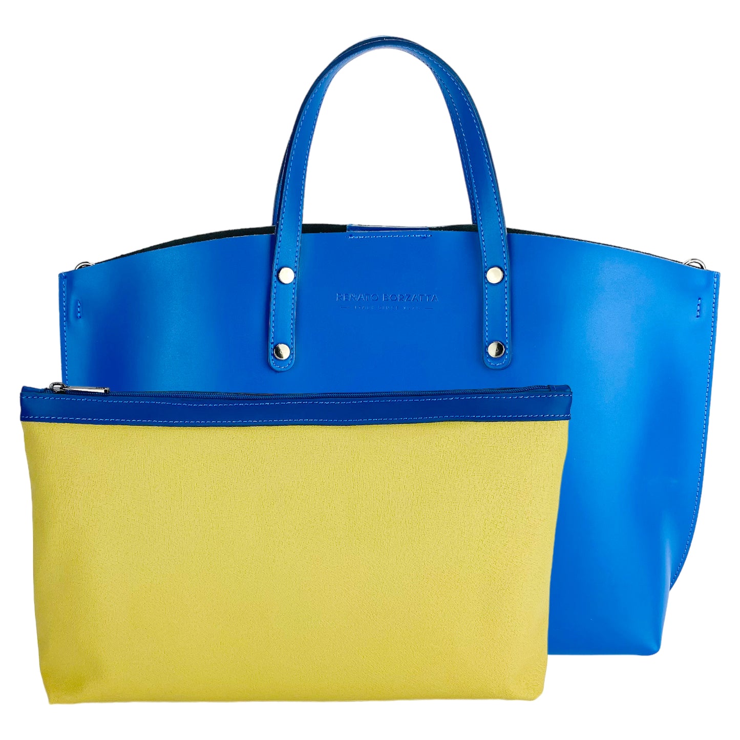 RB1024CH | Borsa Donna a Mano in Vera Pelle Made in Italy con tracolla removibile. Sacca grande interna estraibile. Accessori Canna di Fucile Lucido - Colore Blu Royal - Dimensioni: cm 48x31x11