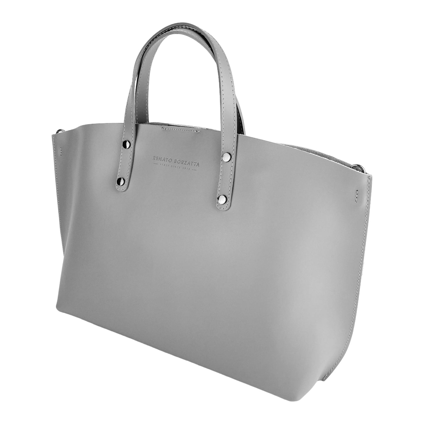 RB1024F | Borsa Donna a Mano in Vera Pelle Made in Italy con tracolla removibile. Sacca grande interna estraibile. Accessori Canna di Fucile Lucido - Colore Grigio - Dimensioni: cm 48x31x11
