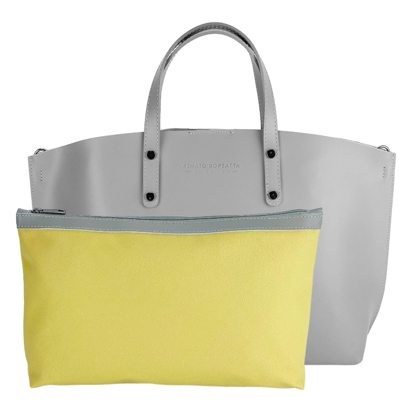 RB1024F | Borsa Donna a Mano in Vera Pelle Made in Italy con tracolla removibile. Sacca grande interna estraibile. Accessori Canna di Fucile Lucido - Colore Grigio - Dimensioni: cm 48x31x11