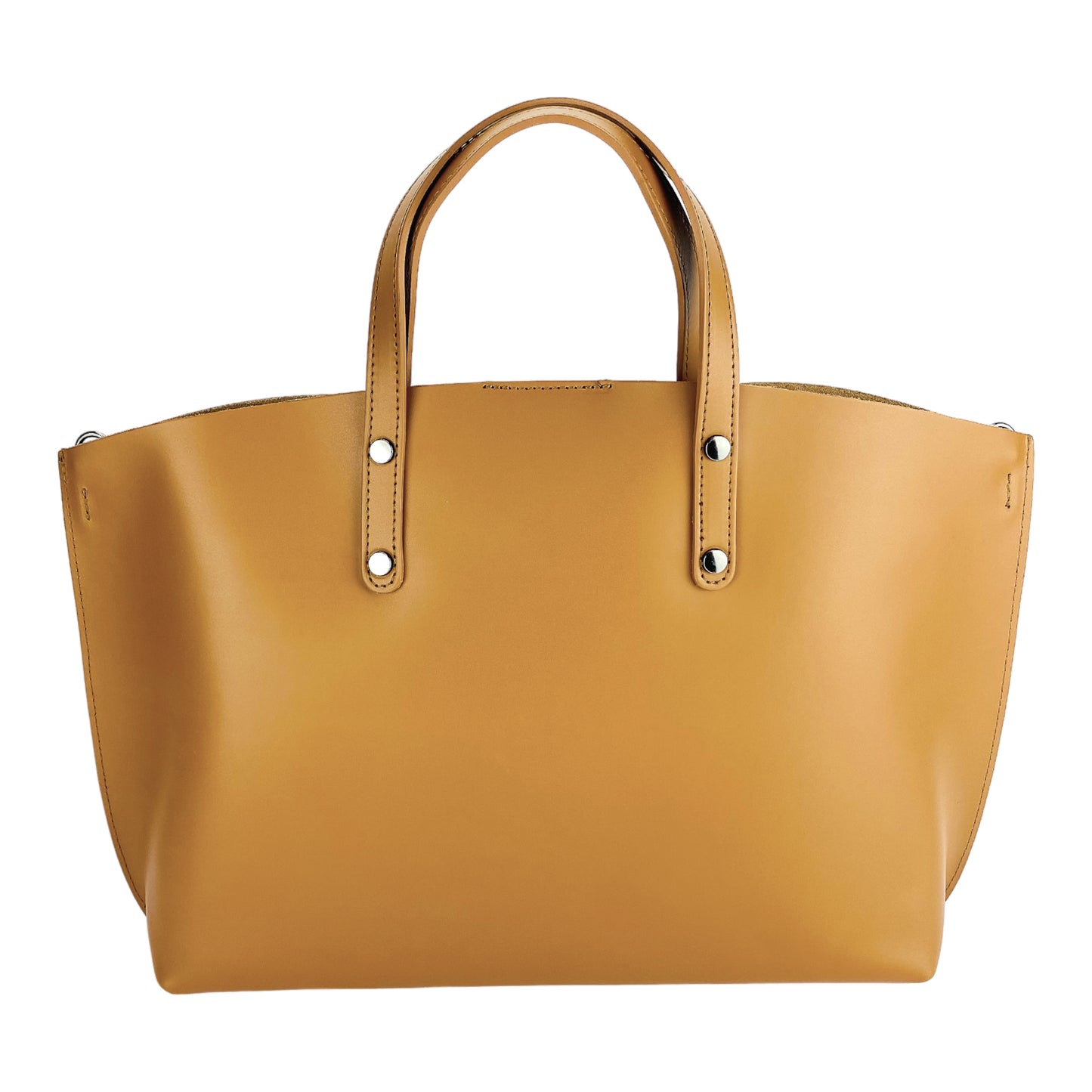 RB1024S | Borsa Donna a Mano in Vera Pelle Made in Italy con tracolla removibile. Sacca grande interna estraibile. Accessori Canna di Fucile Lucido - Colore Cognac - Dimensioni: cm 48x31x11