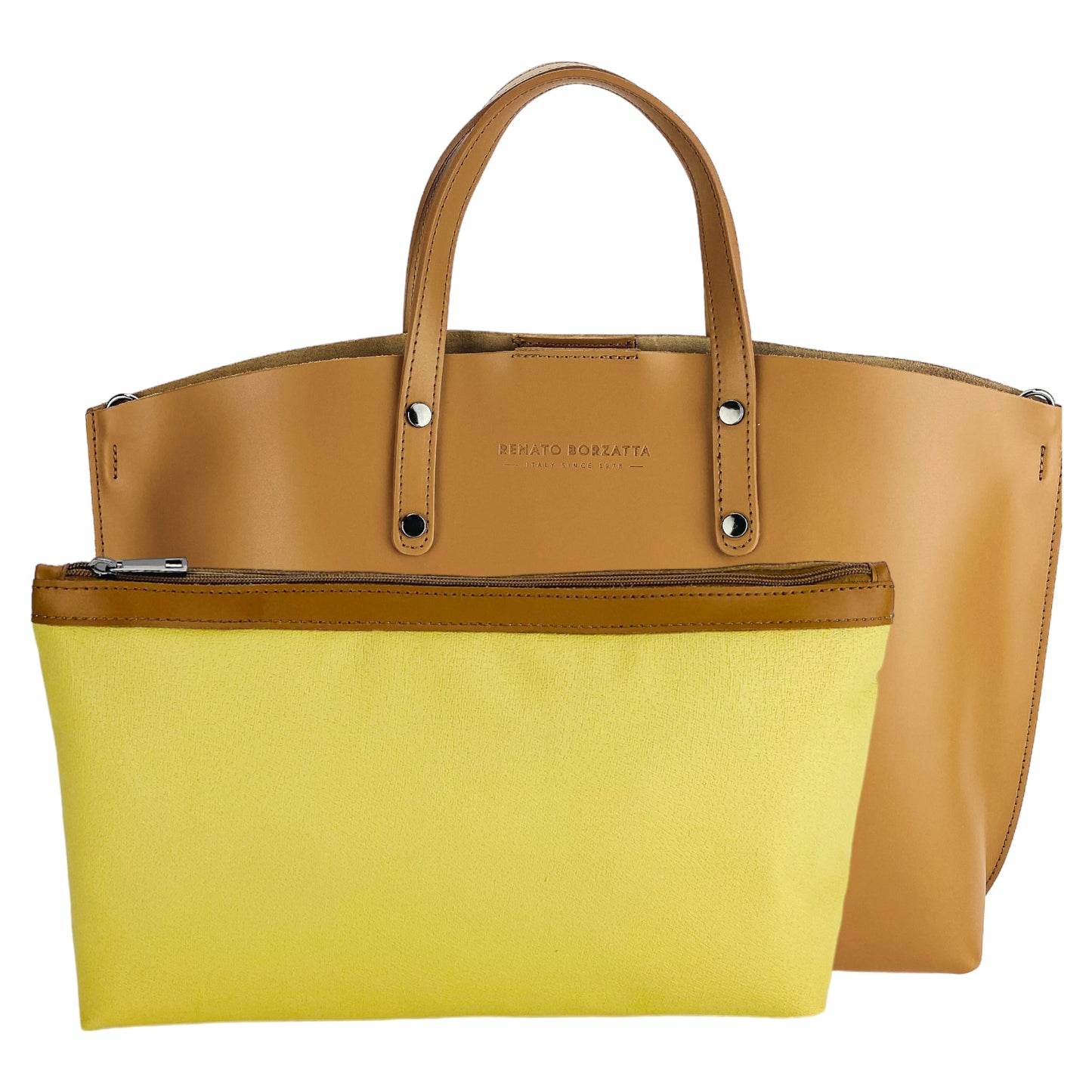 RB1024S | Borsa Donna a Mano in Vera Pelle Made in Italy con tracolla removibile. Sacca grande interna estraibile. Accessori Canna di Fucile Lucido - Colore Cognac - Dimensioni: cm 48x31x11