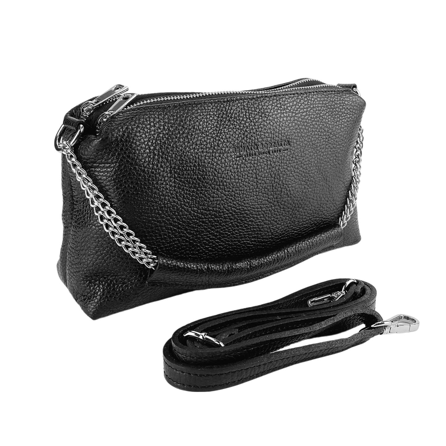 RB1025A | Borsa Donna a Mano con doppia lampo in Vera Pelle Made in Italy. Tracolla in pelle regolabile. Accessori Nickel Lucido - Colore Nero - Dimensioni: cm 26 x 14 x 9